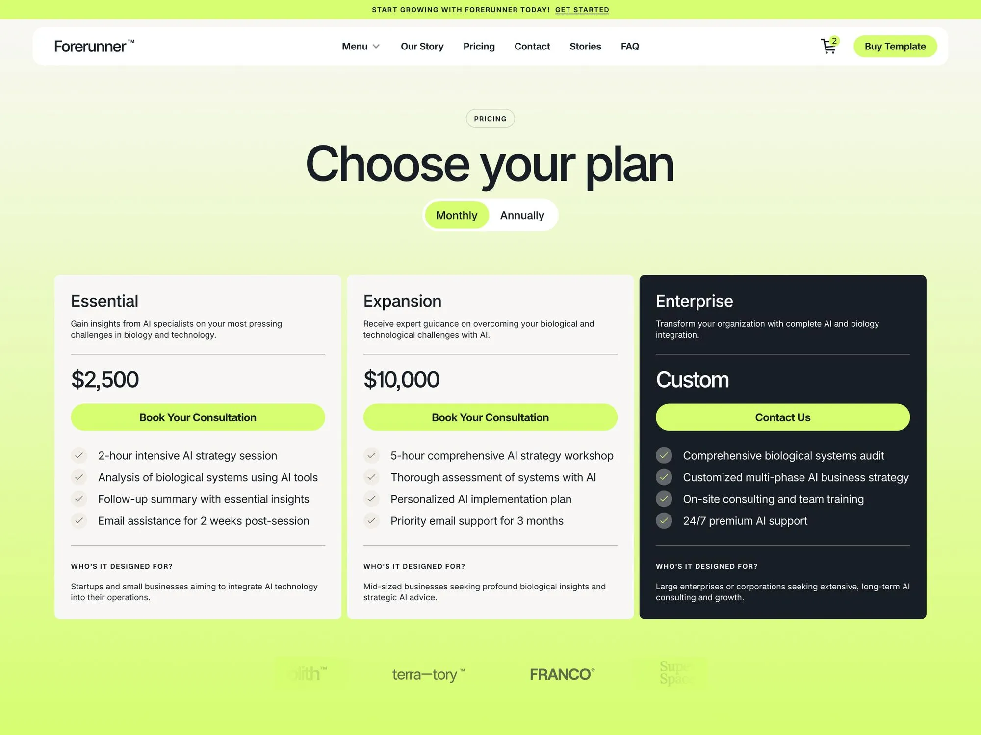 Pricing plans for AI and biology consulting services: Essential $2,500 for startups, Expansion $10,000 for mid-sized businesses, Enterprise custom pricing for large enterprises with detailed features and consultation options.