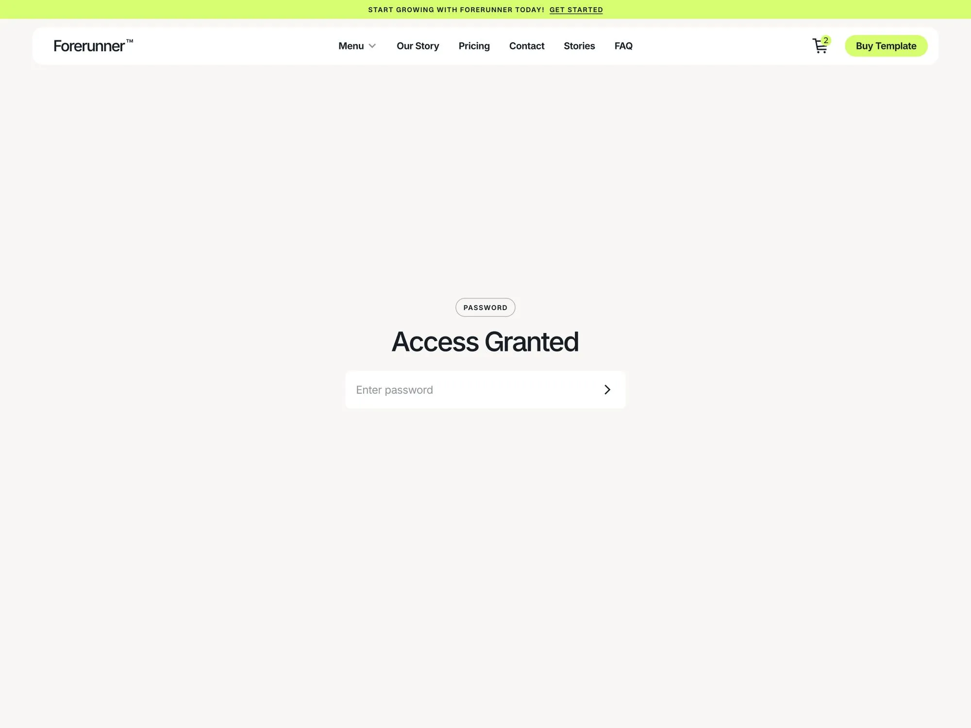Webpage with header menu for Forerunner and a central password entry field under 'Access Granted' text.