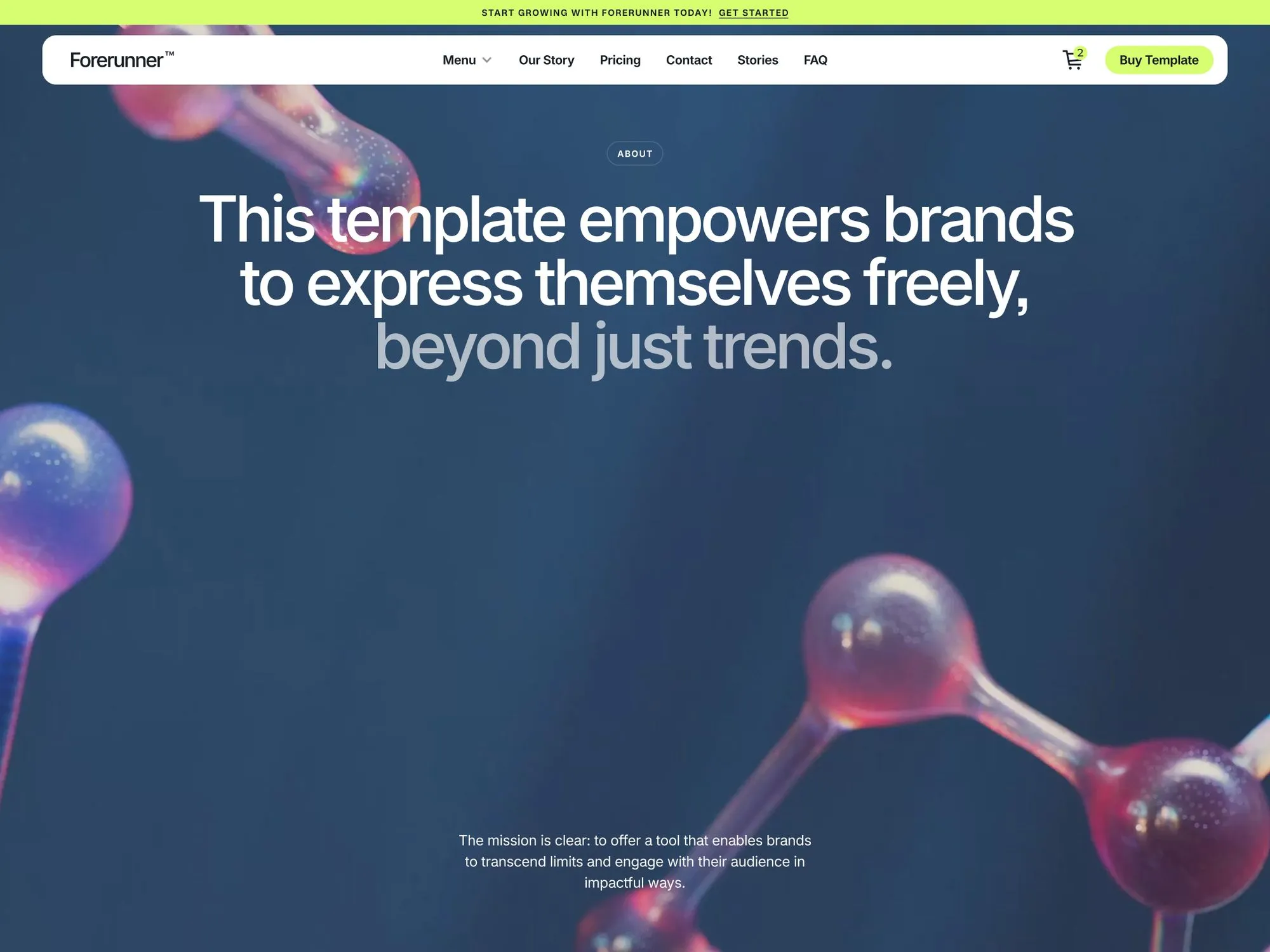 Website header with the text 'This template empowers brands to express themselves freely, beyond just trends' over a dark blue background with translucent molecular structures.