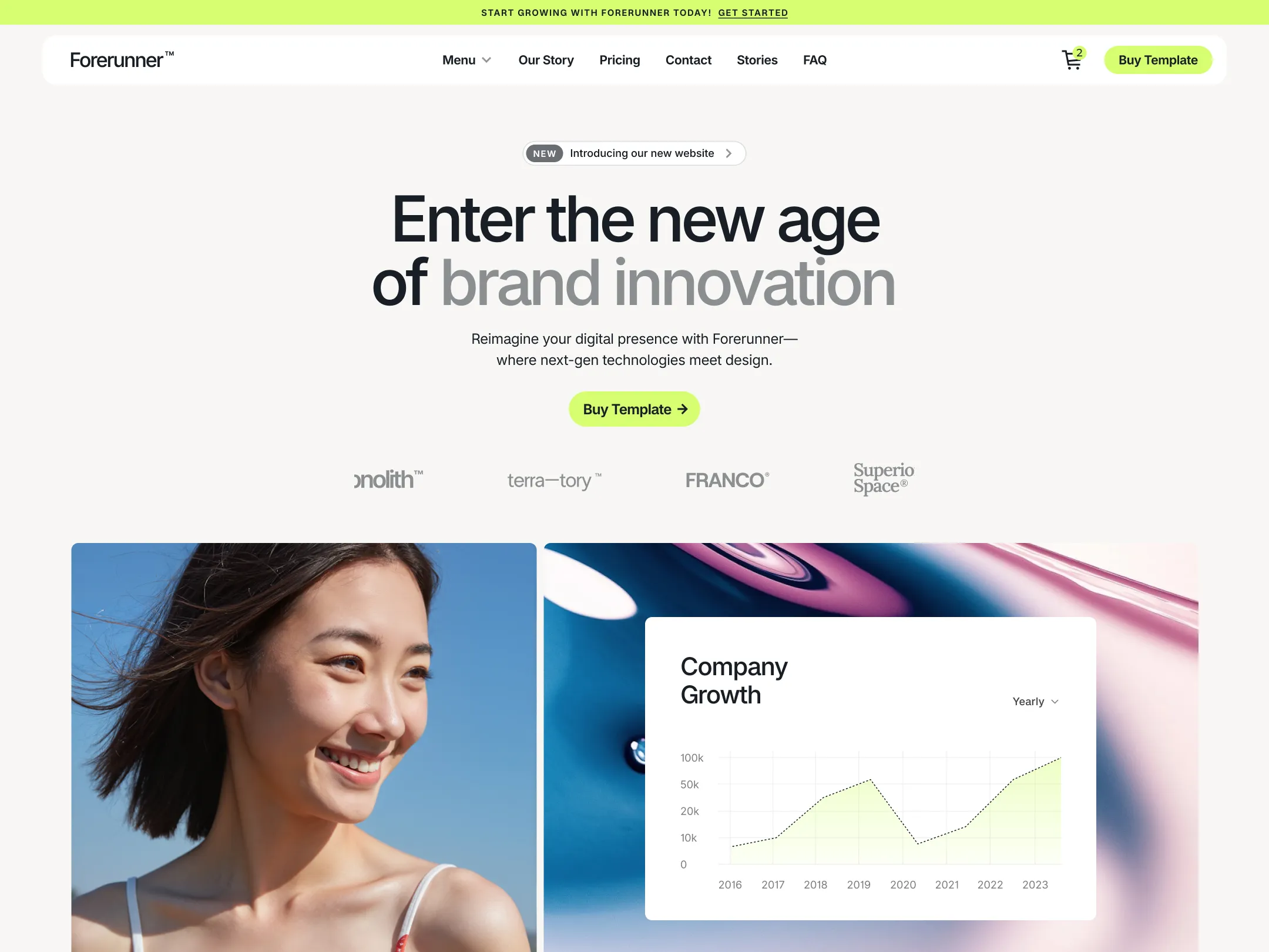Website homepage featuring a smiling woman against a blue sky, headline 'Enter the new age of brand innovation,' and a company growth line chart from 2016 to 2023.