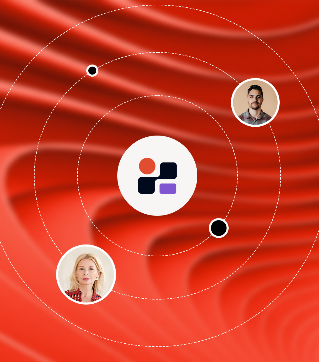 Red fabric background with concentric white dashed circles orbiting a central abstract logo, featuring two portraits of people in circular frames along the orbits.