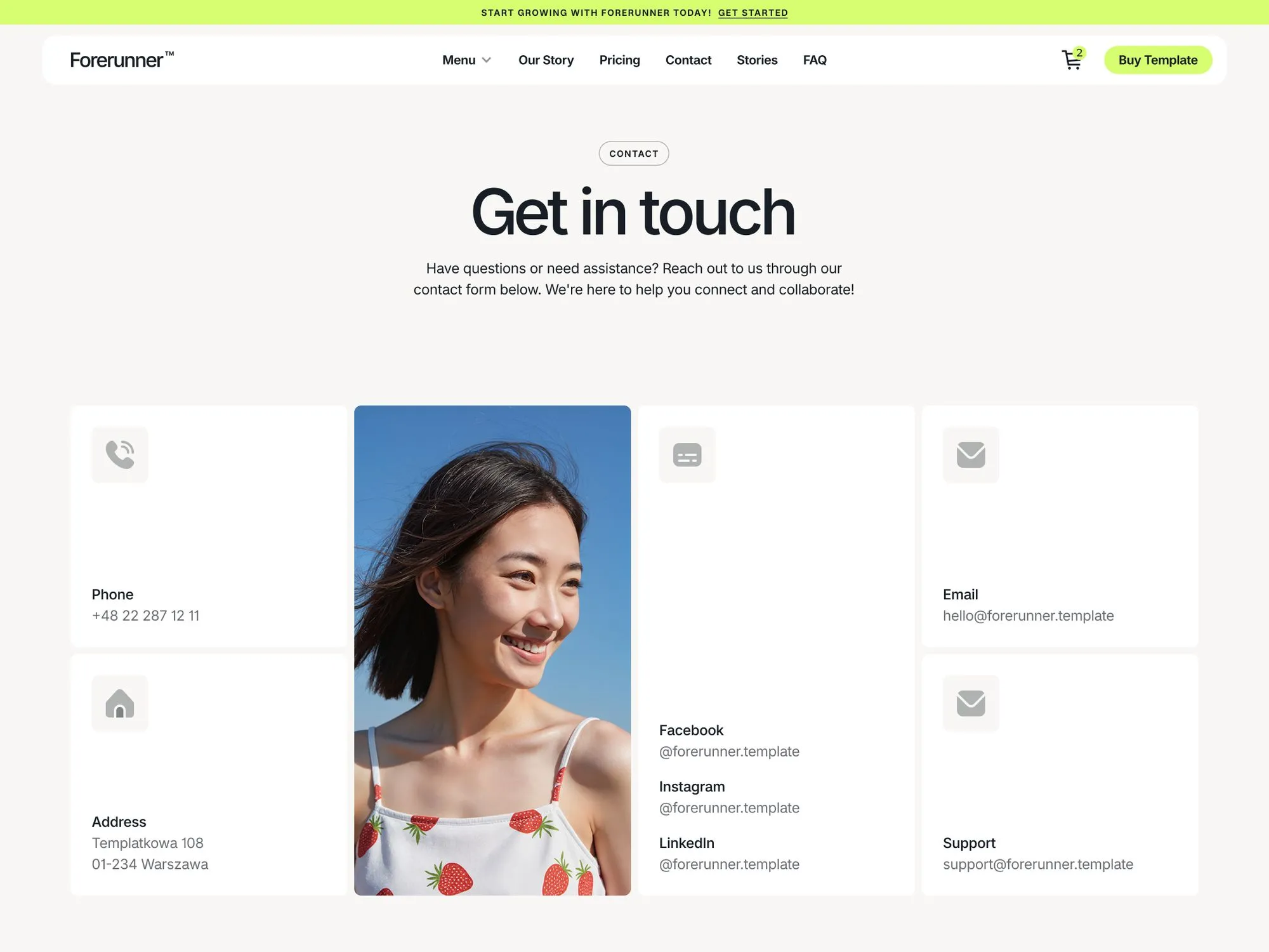 Contact page with smiling woman in strawberry-print dress and contact info including phone, address, email, support, and social media handles.