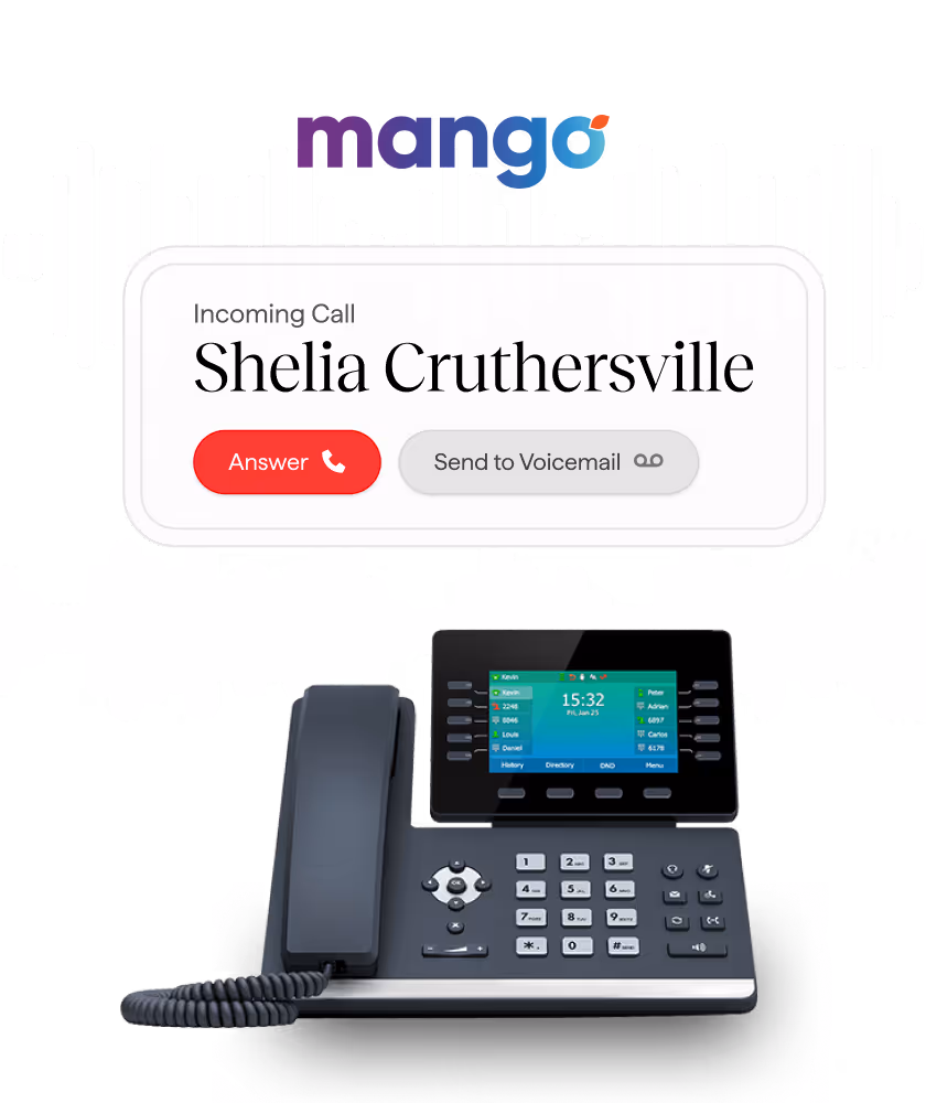 The Dental App interface showcasing Mango Voice phone integration with real-time screen pops, caller ID recognition, and automated patient record syncing during active calls.