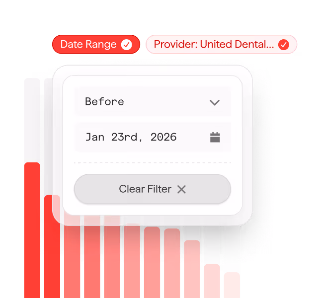 The Dental App analytics dashboard showcasing advanced filtering tools to segment practice data by specific providers and custom time frames for precise performance reporting.