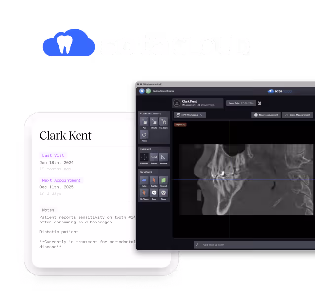 The Dental App SOTA Cloud integration interface showcasing seamless dental imaging workflows, including digital X-ray sensors, intraoral camera captures, and cloud-based CBCT support.
