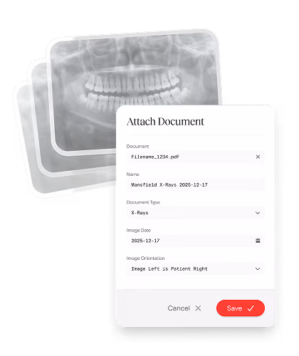 The Dental App clinical charting interface for instant patient data capture, diagnostic image comparison, and real-time clinical record updates.