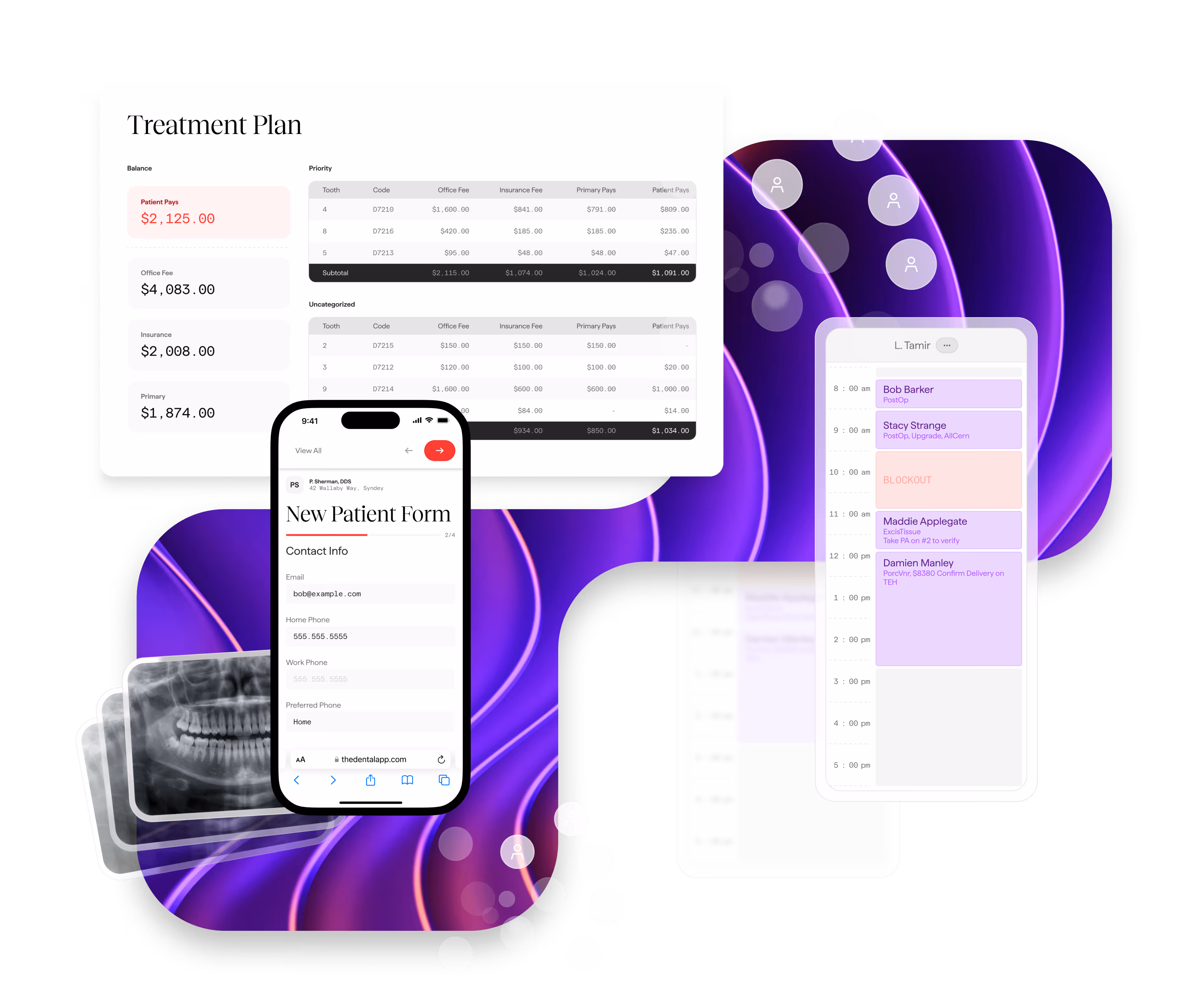 The Dental App PMS interface showcasing the operational backbone of a dental practice with integrated tools for real-time scheduling, clinical charting, and billing.