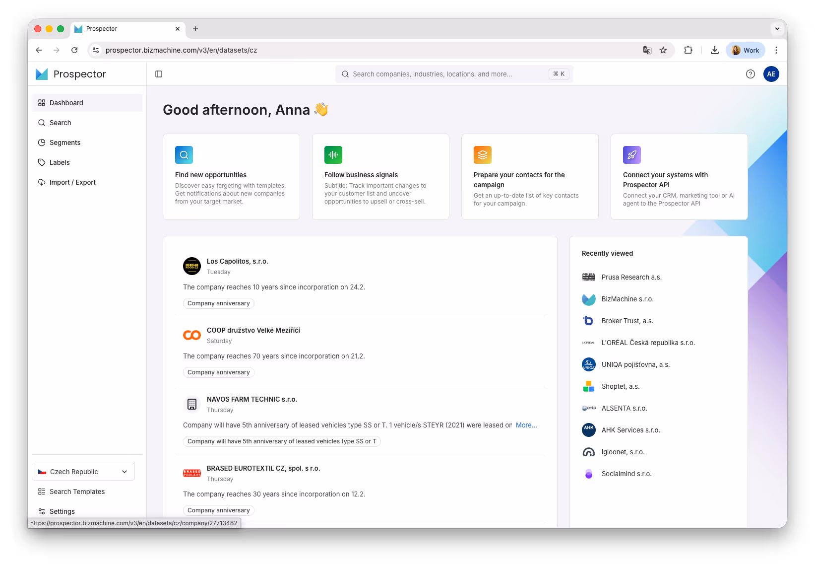 BizMachine Prospector — přehled firem