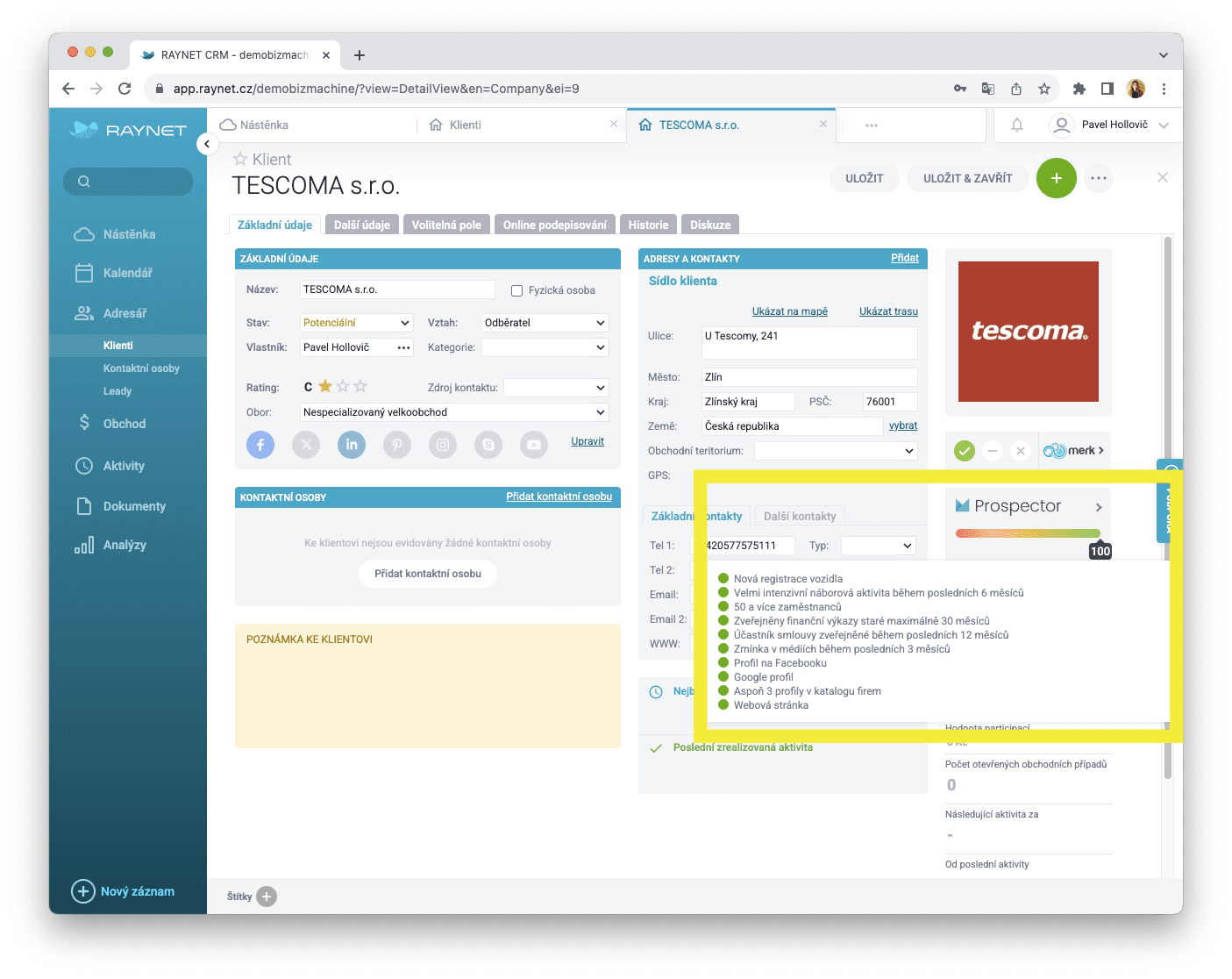 Profil firmy s daty BizMachine přímo v Raynet CRM