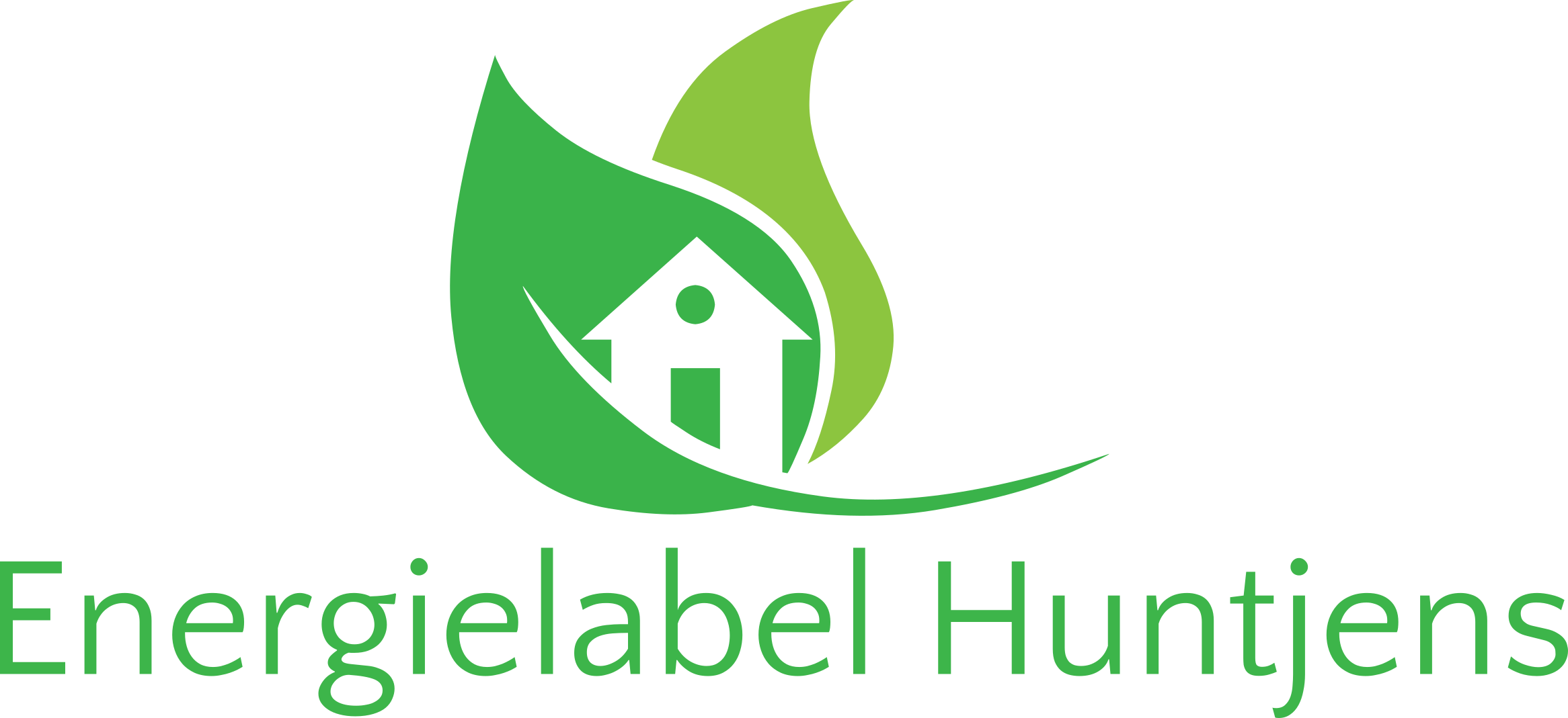 Green and light green leaves encircling a black house icon above the text Energielabel Huntjens.