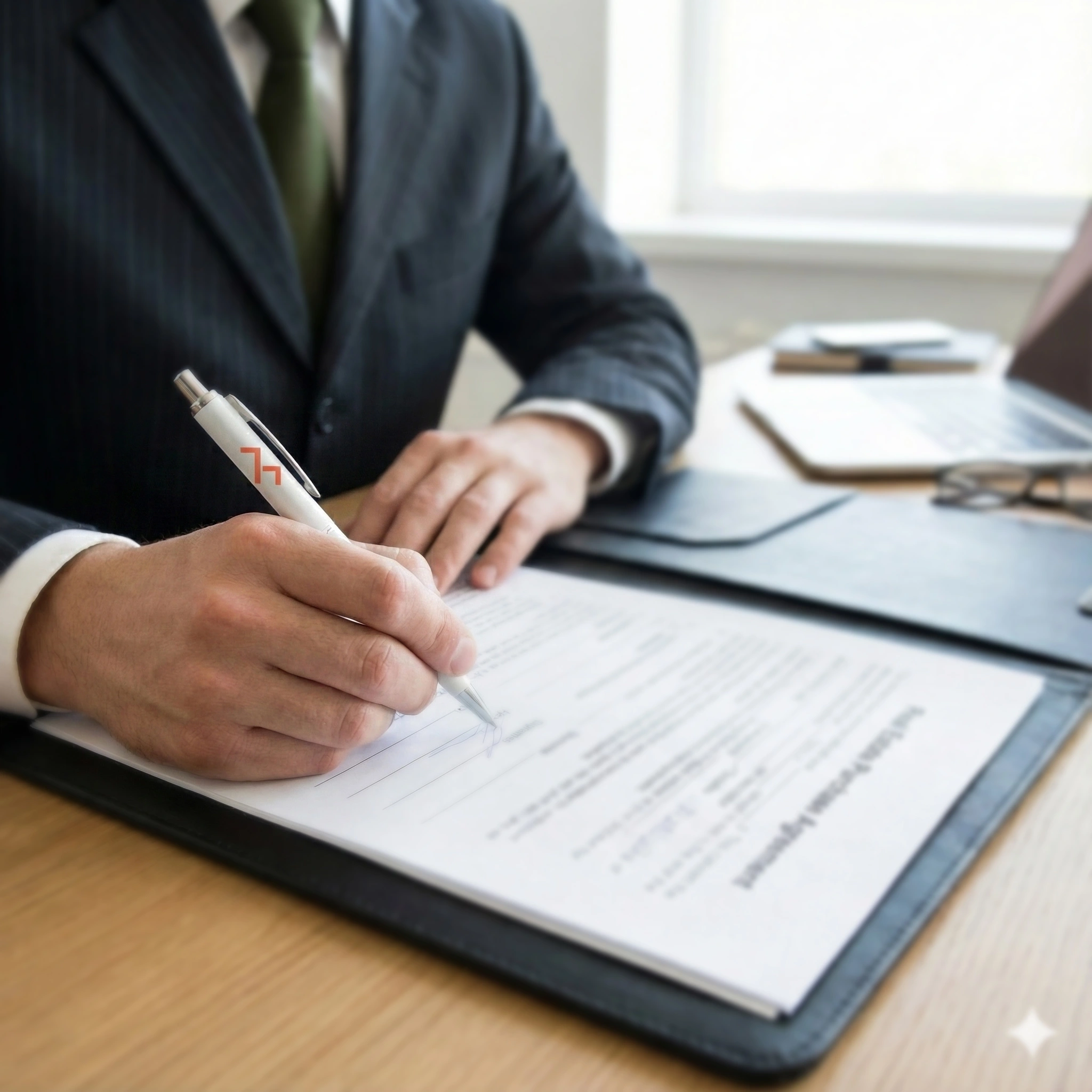 Person in a suit signing a business document on a clipboard at a desk with a laptop and glasses.
