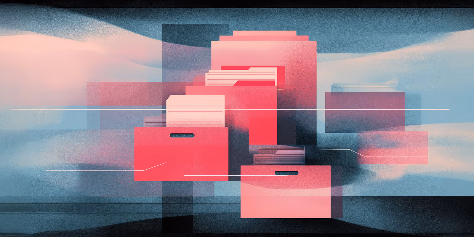 Abstract digital illustration of overlapping red file folders and documents on a blurred blue and pink background.