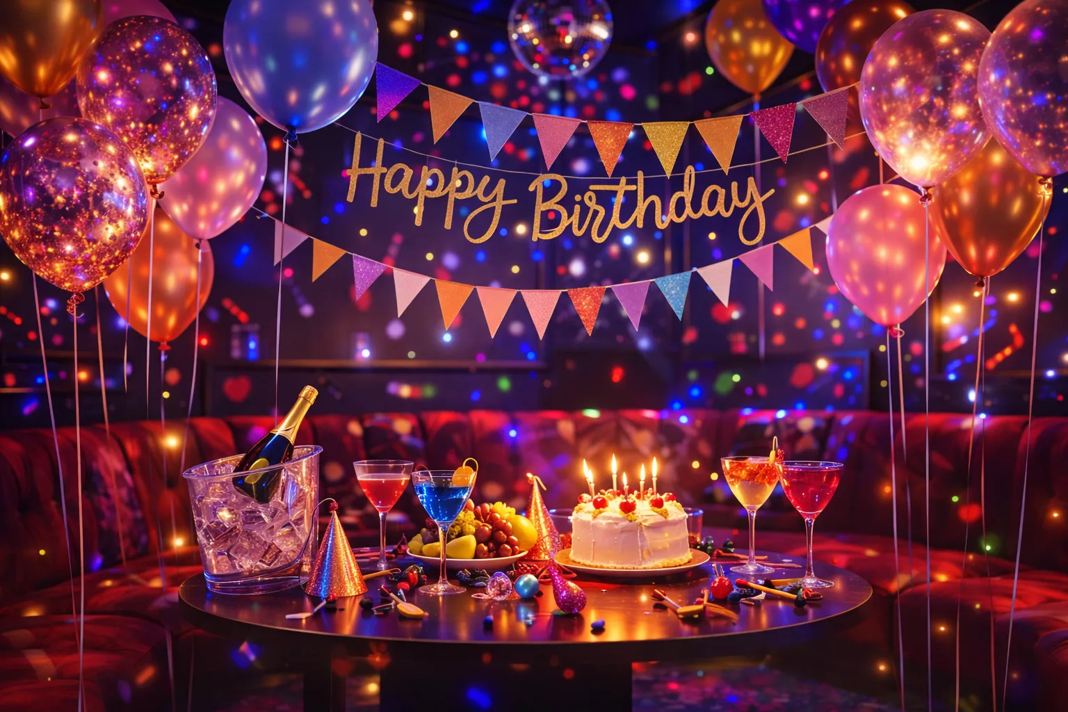 Modern office buildings reflected in a calm water surface under a clear blue sky at sunset.