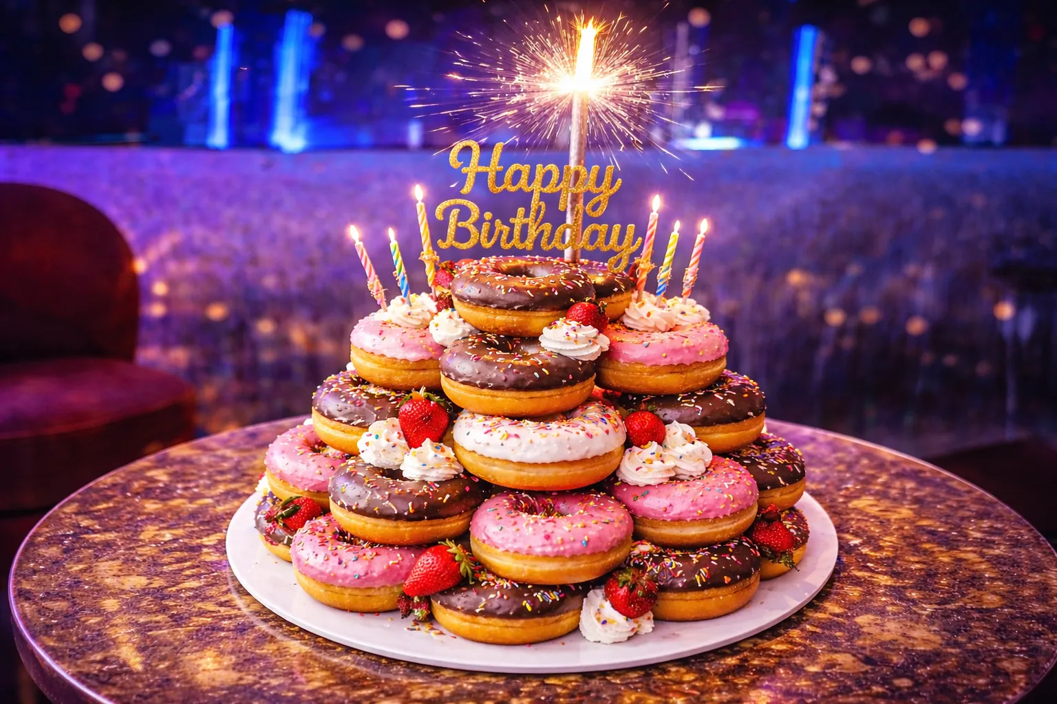 A donut tower arranged like a cake with chocolate, pink, and white frosting donuts, decorated with sprinkles, whipped cream, strawberries, lit birthday candles, a sparkler, and a glittery 'Happy Birthday' topper.