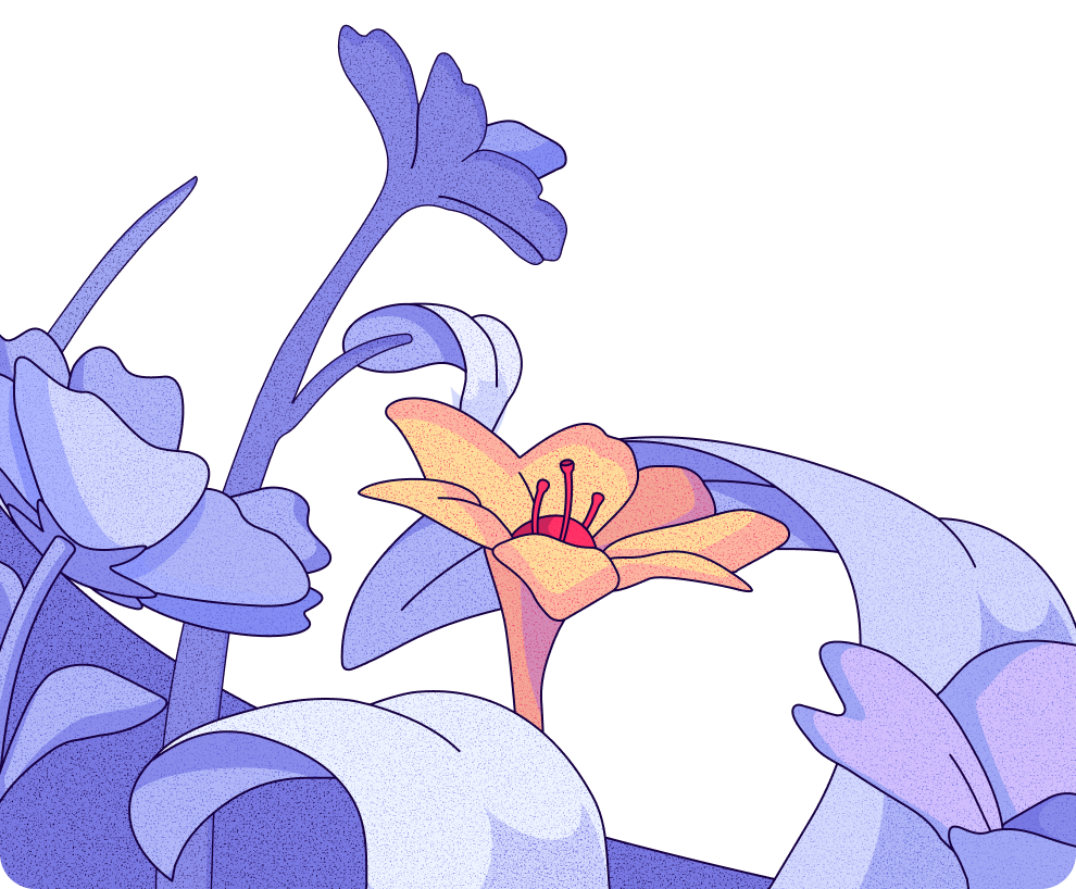 Illustration of an orange flower with red stamen surrounded by blue and purple leaves and flowers on a black background.