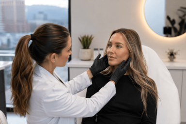 A medical professional in a clean, modern clinic setting preparing an injectable treatment tray, reflecting a safe and clinical aesthetic environment.
