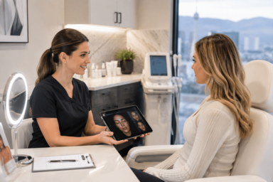 A medical professional in a clean, modern clinic setting preparing an injectable treatment tray, reflecting a safe and clinical aesthetic environment.
