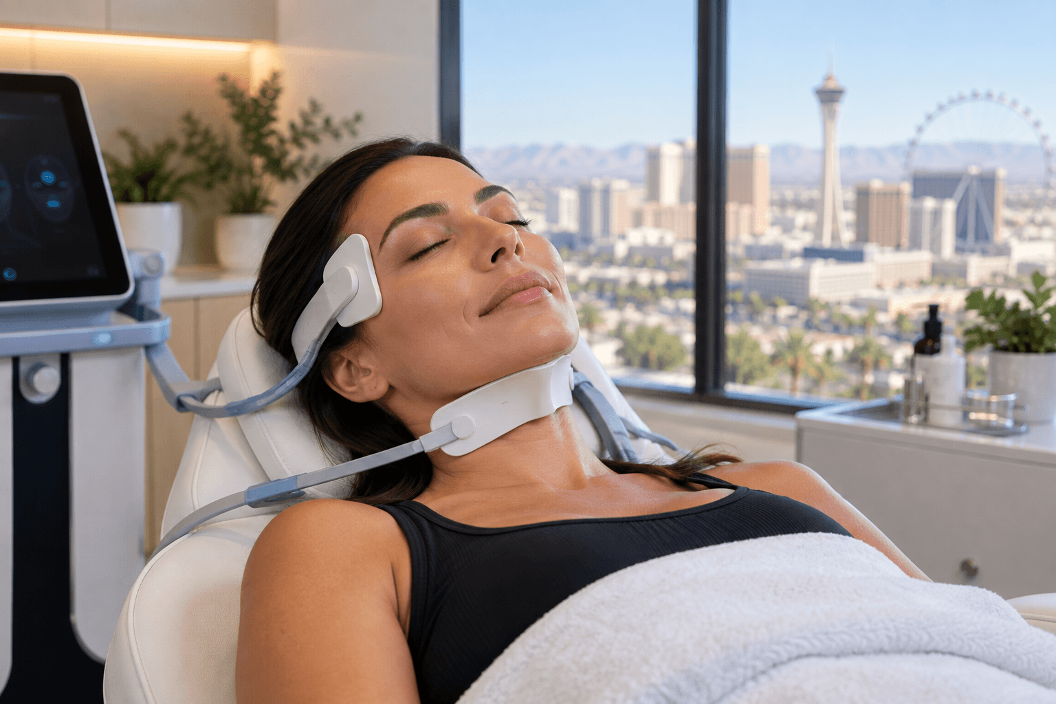 Woman with lifted, toned facial contours representing Emface treatment results in Las Vegas, Nevada