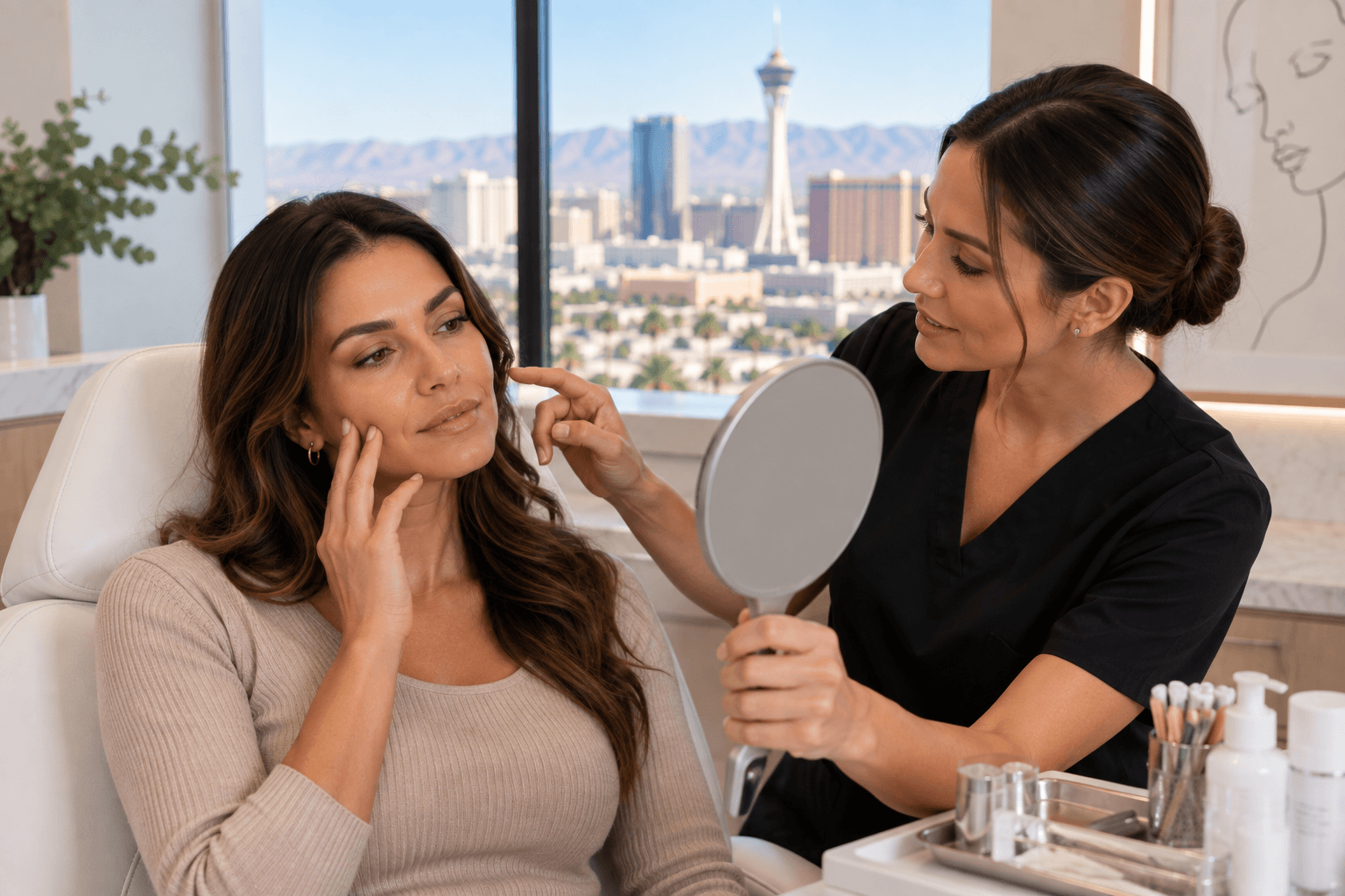 Patient consulting with a cosmetic injector about facial concerns at a med spa in Las Vegas, Nevada