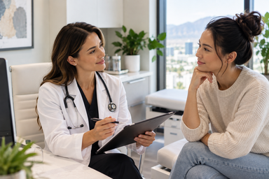 Doctor reviewing bloodwork results during an annual physical exam in Las Vegas, Nevada