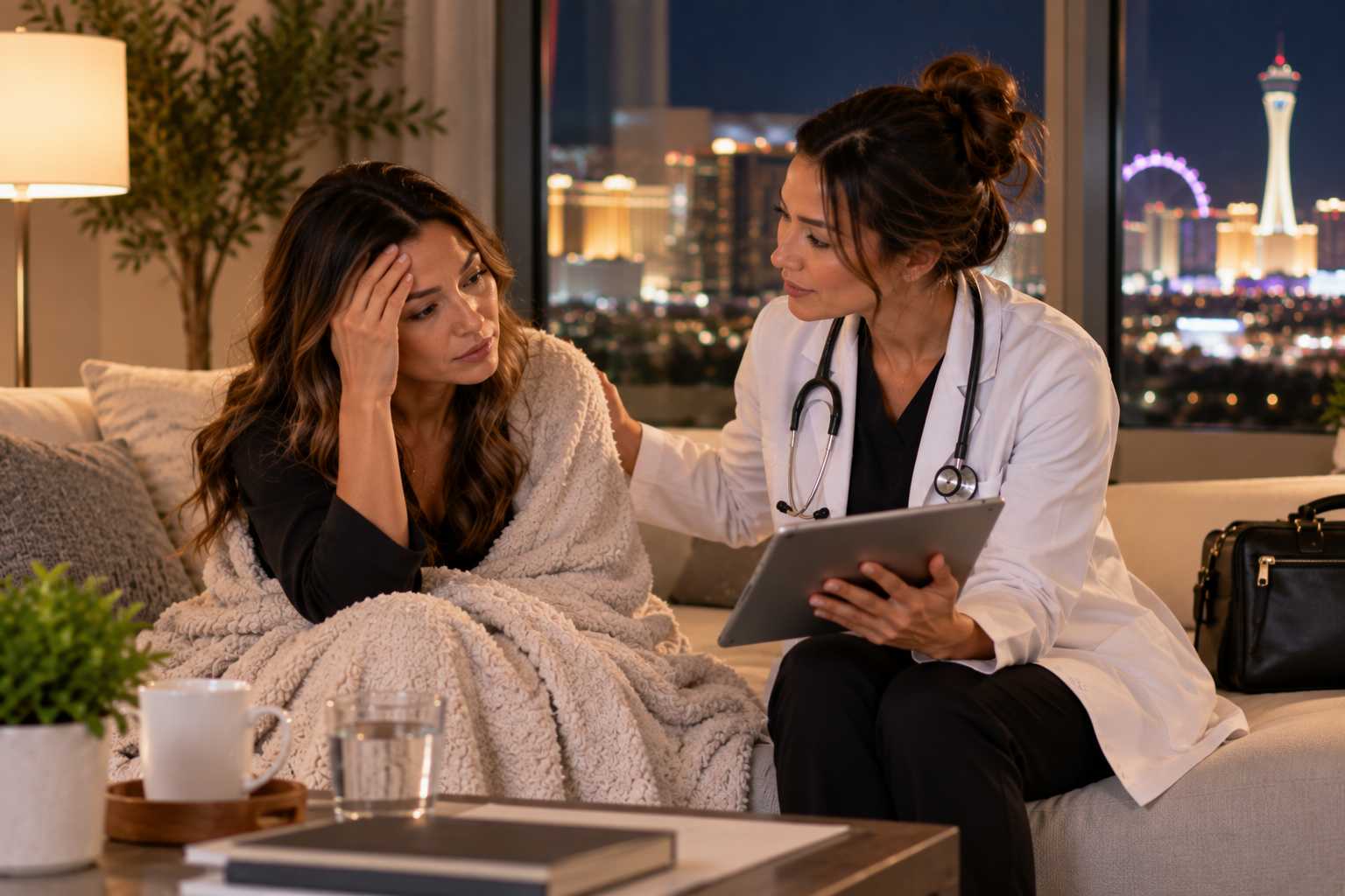 Las Vegas patient calling their concierge doctor from home in the evening for after-hours medical advice