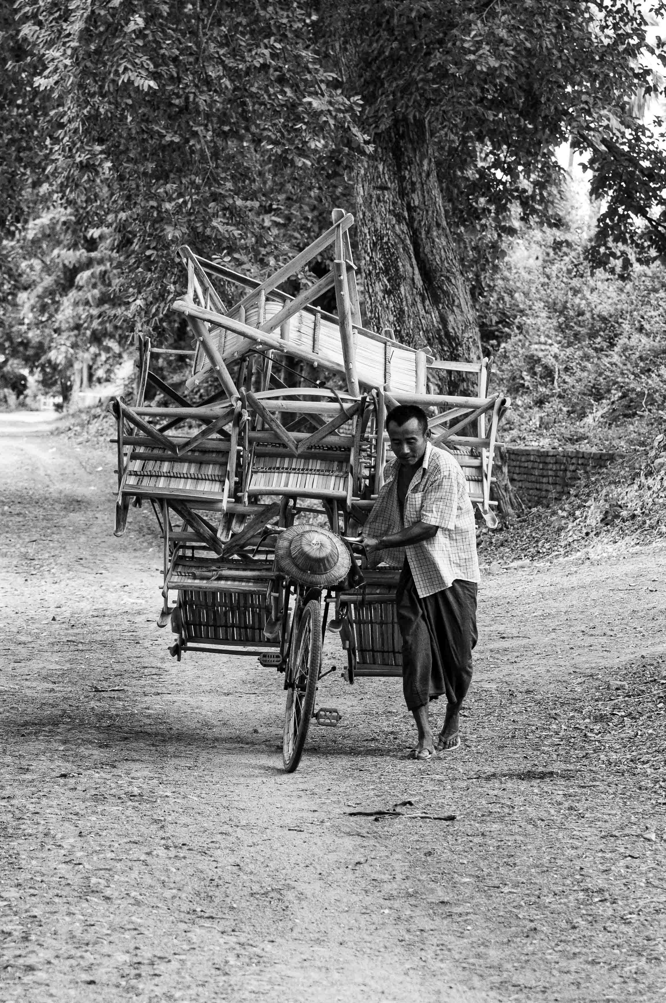 Mann der viele Stühle mit dem Fahrrad transportiert