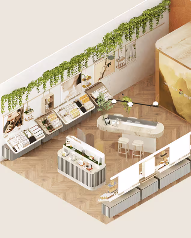 Modern retail store interior with display counters featuring skincare or beauty products, hanging green plants, and large wall posters.