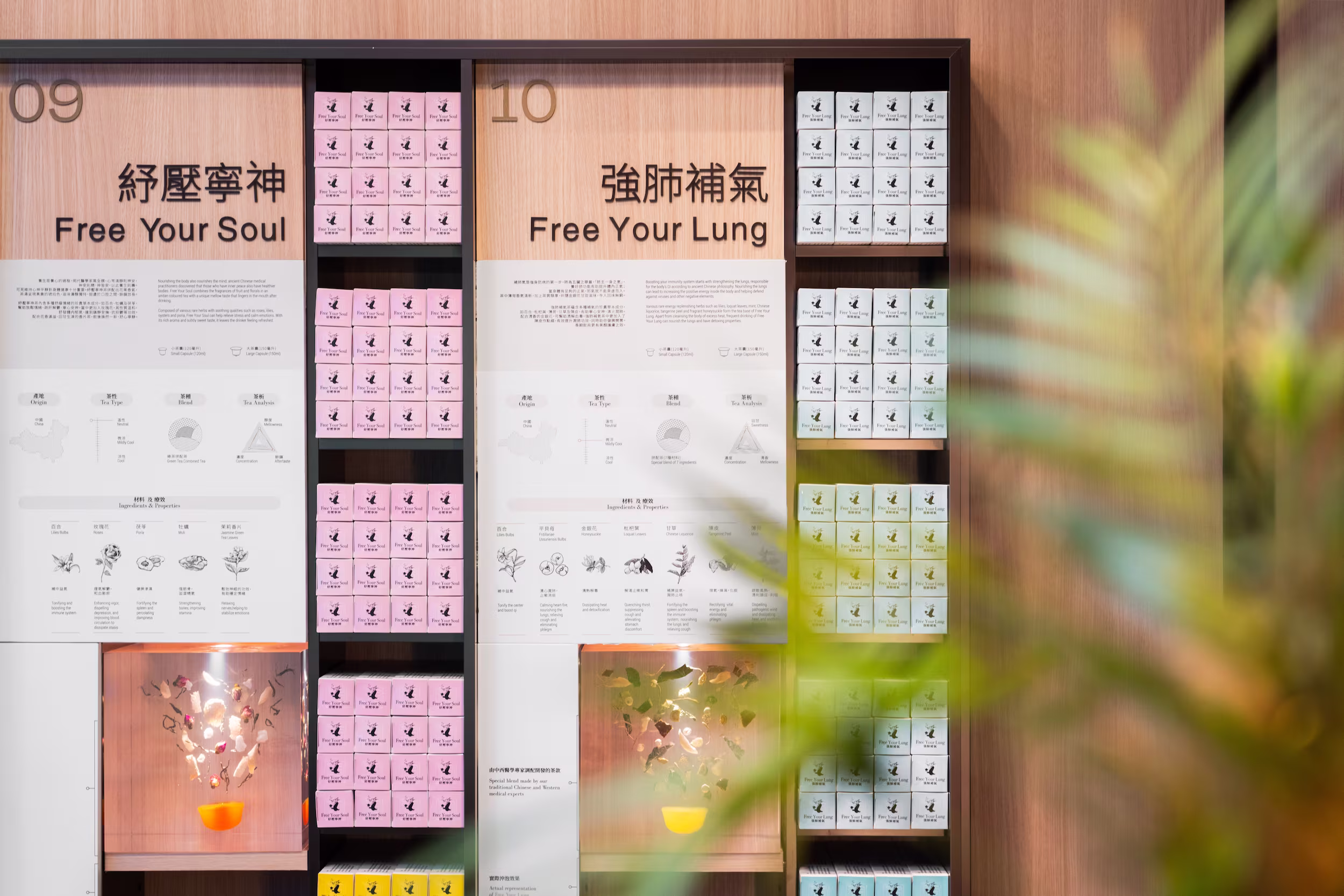 Tea Chateau bilingual Tea Accessories signage with pod size information, branded gift boxes, and proprietary brewing machine