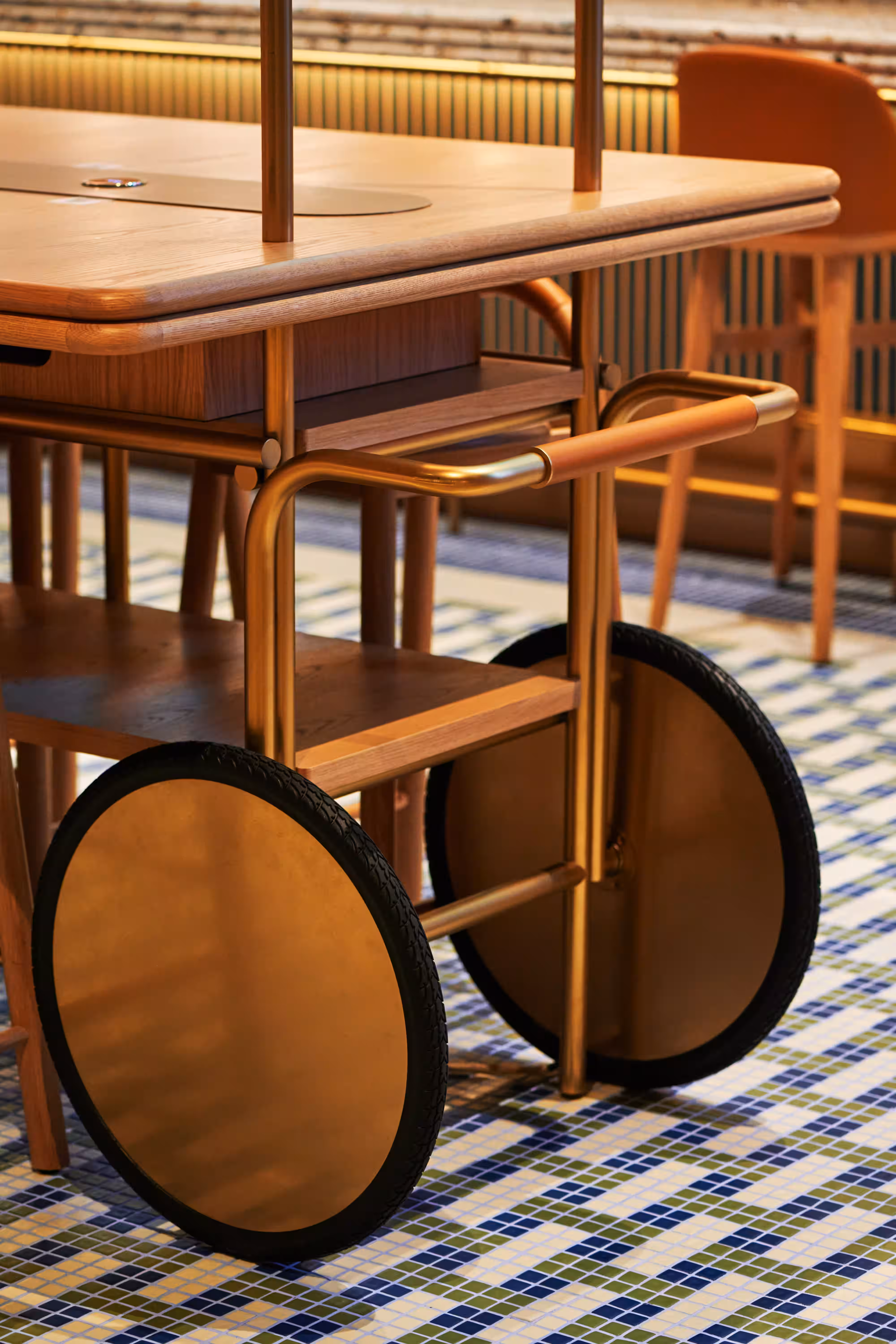 Mian Cart Noodle Bar ceiling and lighting detail at Studio City Macau with decorative pendants and graphic wall treatment