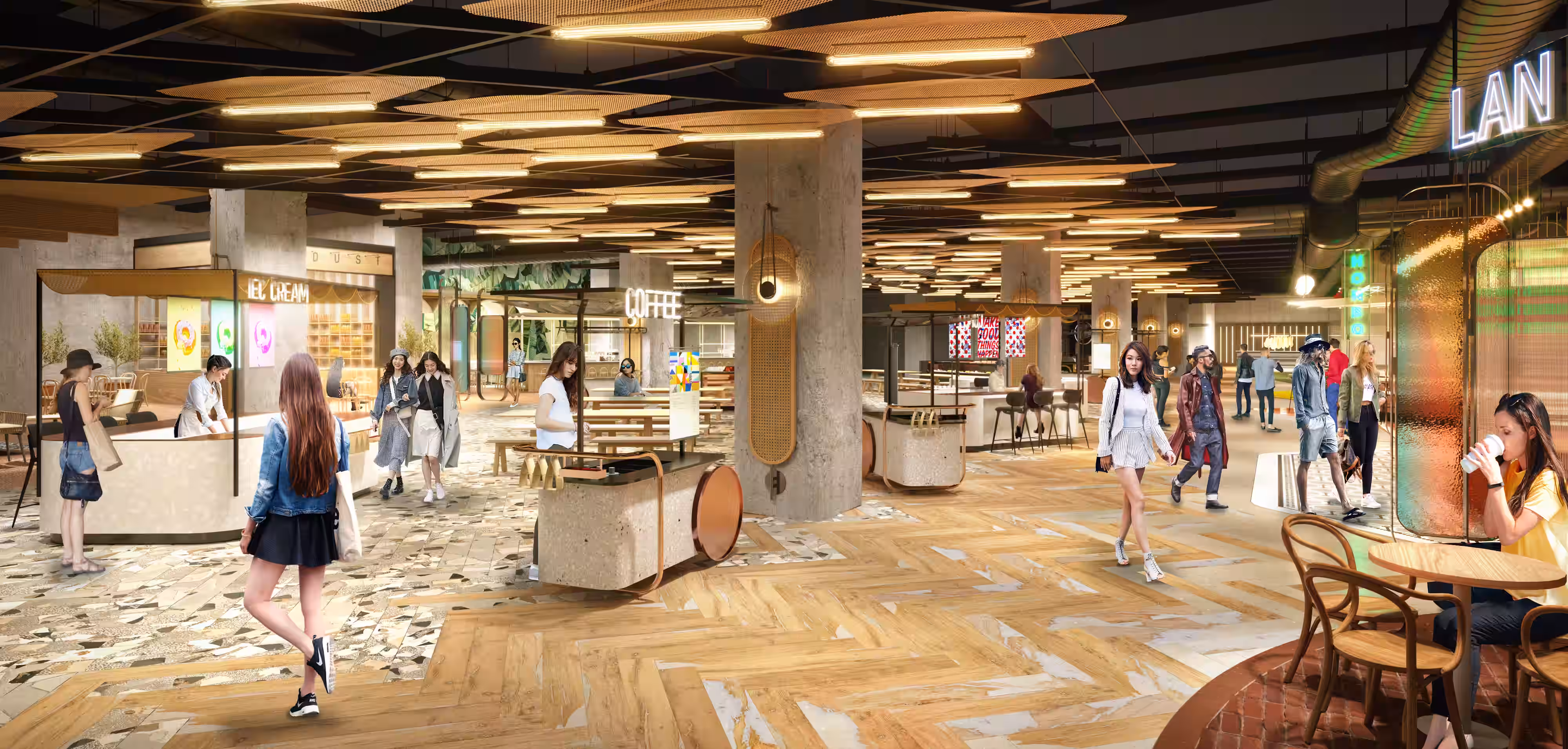 Studio City Food Street main corridor rendering showing the food hall circulation design with patterned flooring and atmospheric lighting