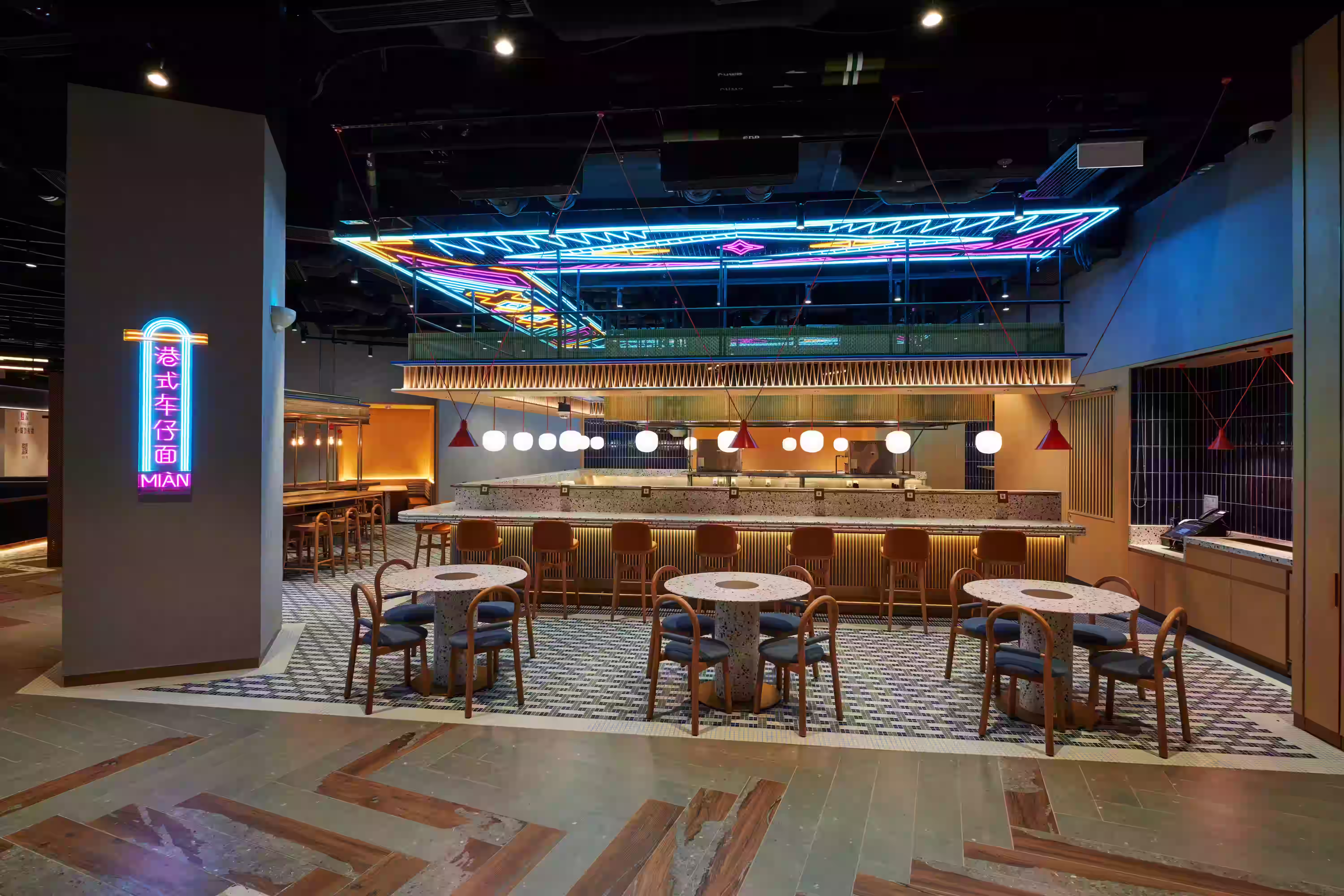 Mian Cart Noodle Bar feature wall or display detail at Studio City Macau capturing the energy of a Hong Kong cart noodle bar