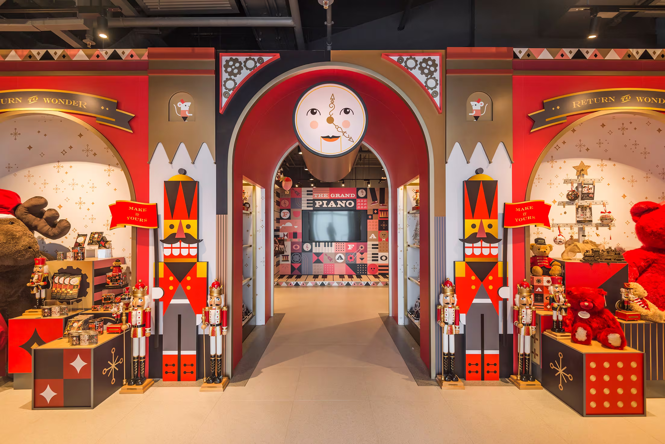 FAO Schwarz Hong Kong store feature wall with brand storytelling and visual merchandising display designed by Studio X