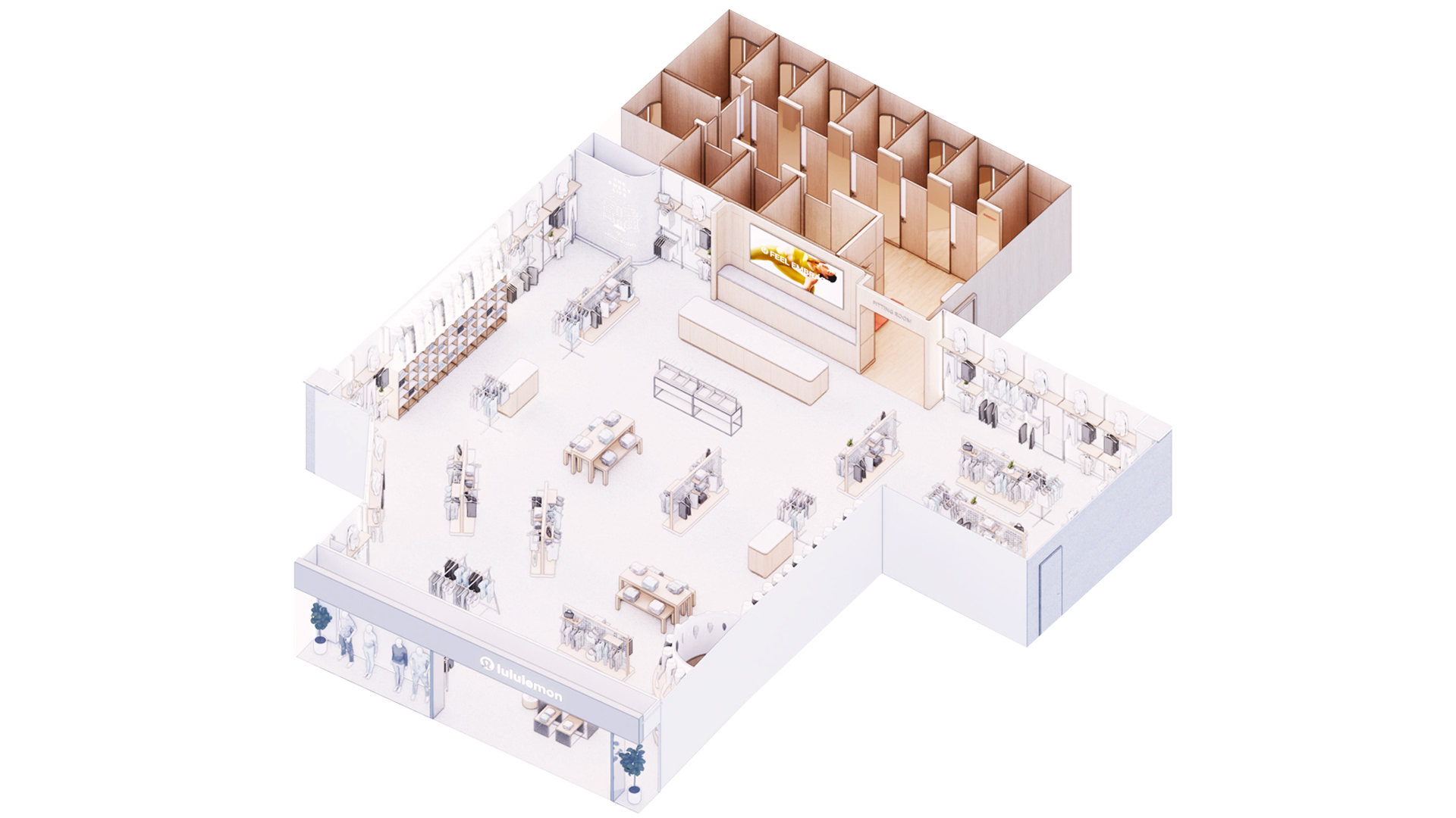 3D render of lululemon Pacific Place flagship interior showing the community programming area.