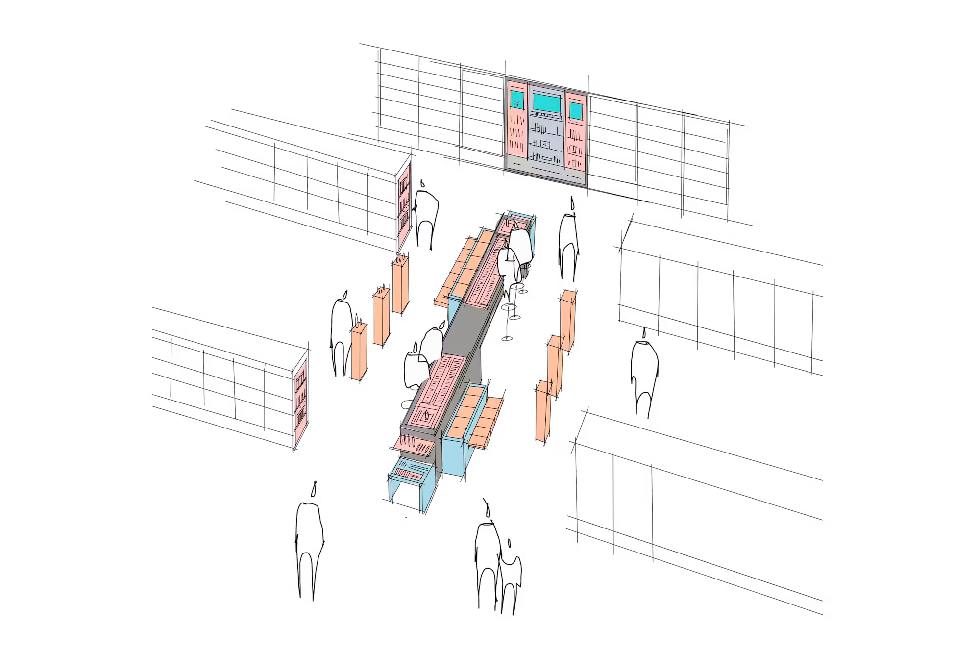 Bird's-eye concept sketch of Mannings IFC flagship store showing spatial planning and zone layout from above for initial design development