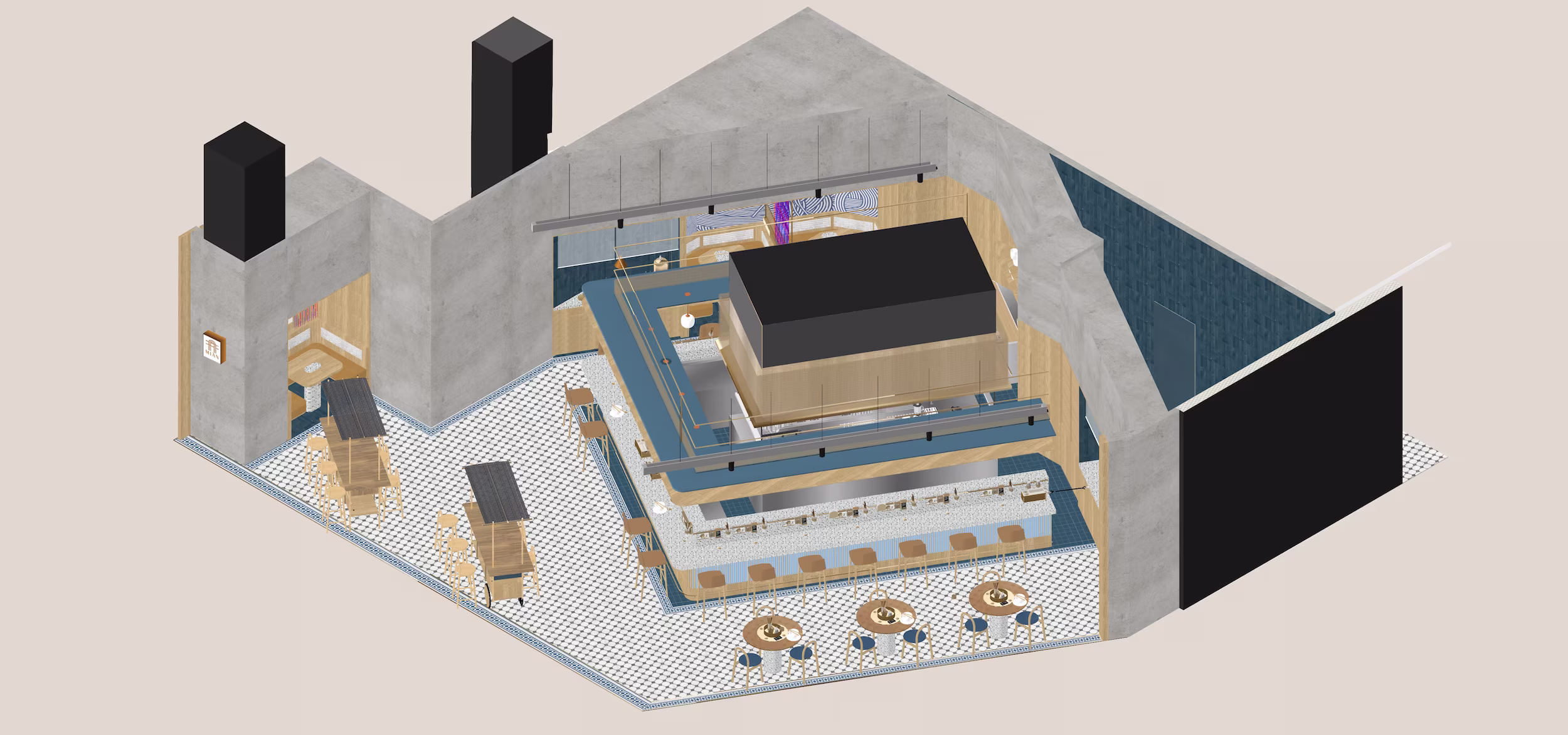 Mian Cart Noodle Bar interior at Studio City Macau showing the reimagined Hong Kong cart noodle bar dining environment