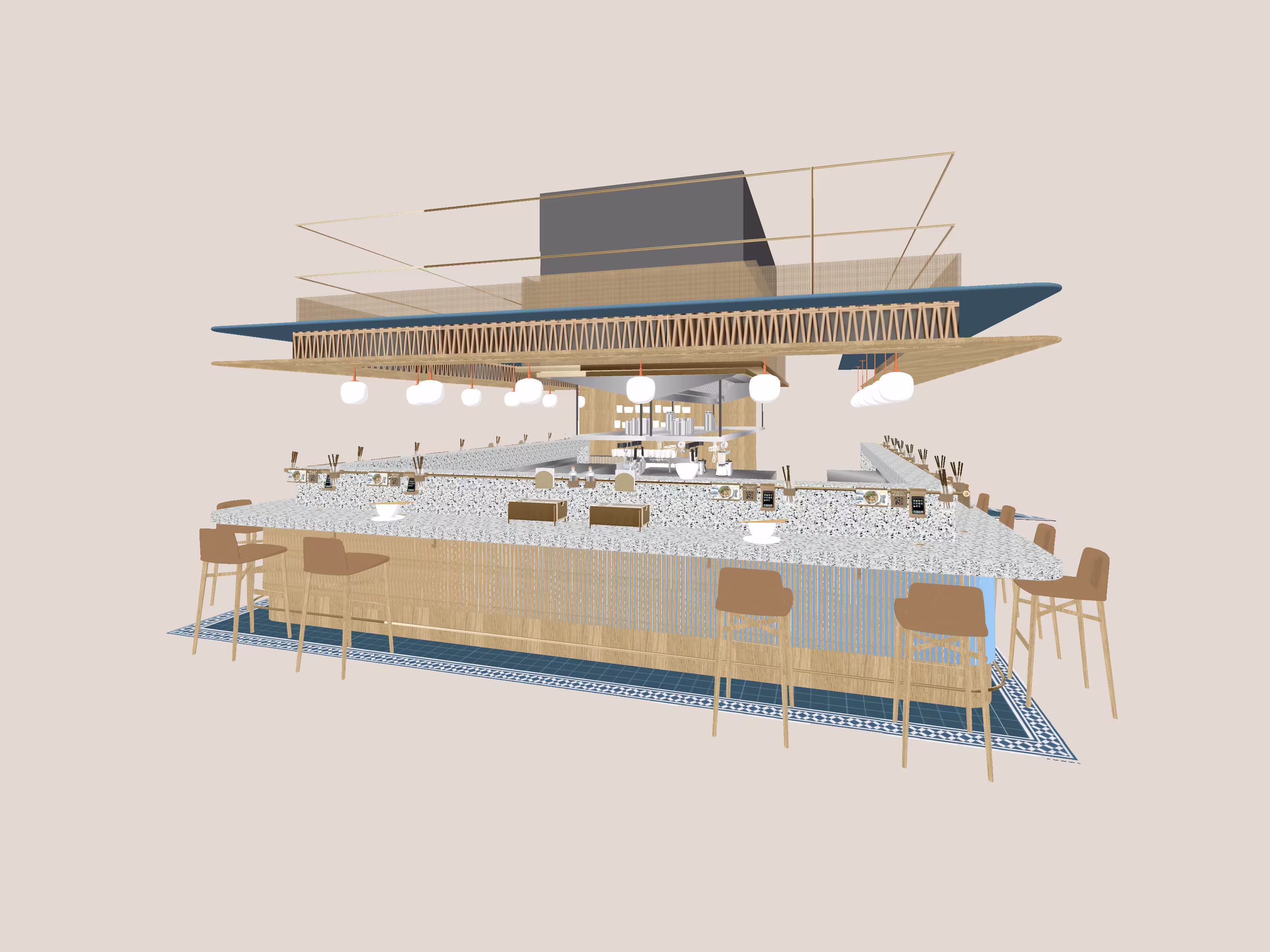 Mian Cart Noodle Bar seating area at Studio City Macau with custom dining furniture and atmospheric lighting