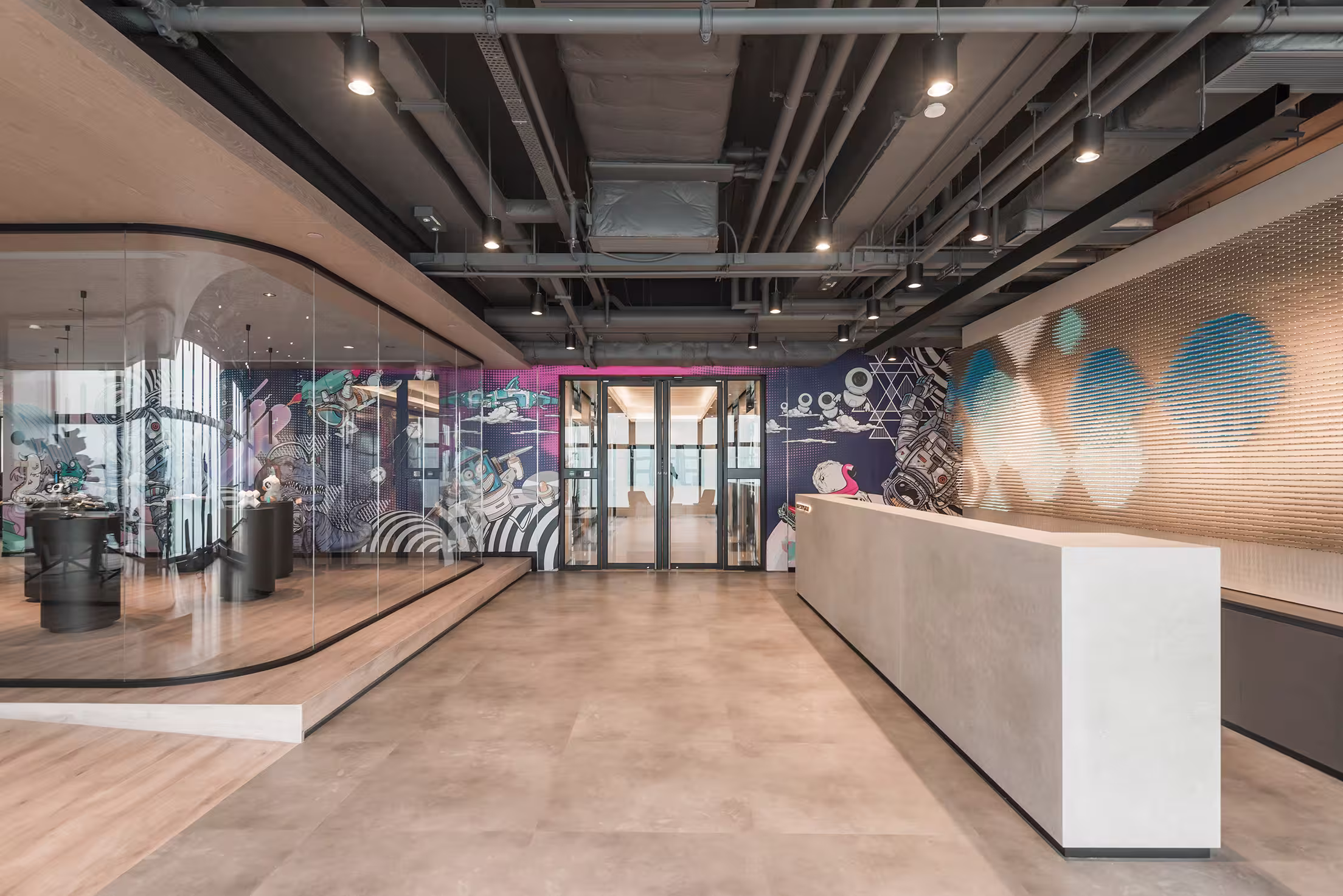 ThreeSixty Group office completed interior by Studio X showing the industrial-contemporary design with concrete, timber, and greenery