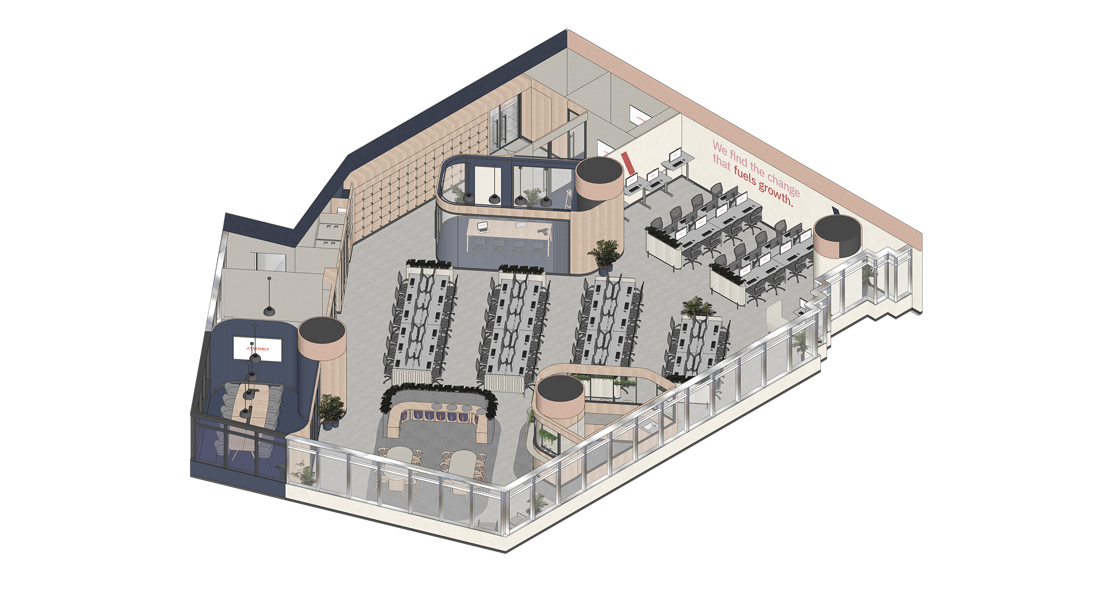 Isometric design drawing of Assembly Global headquarters showing three-dimensional spatial layout and workplace zone arrangement