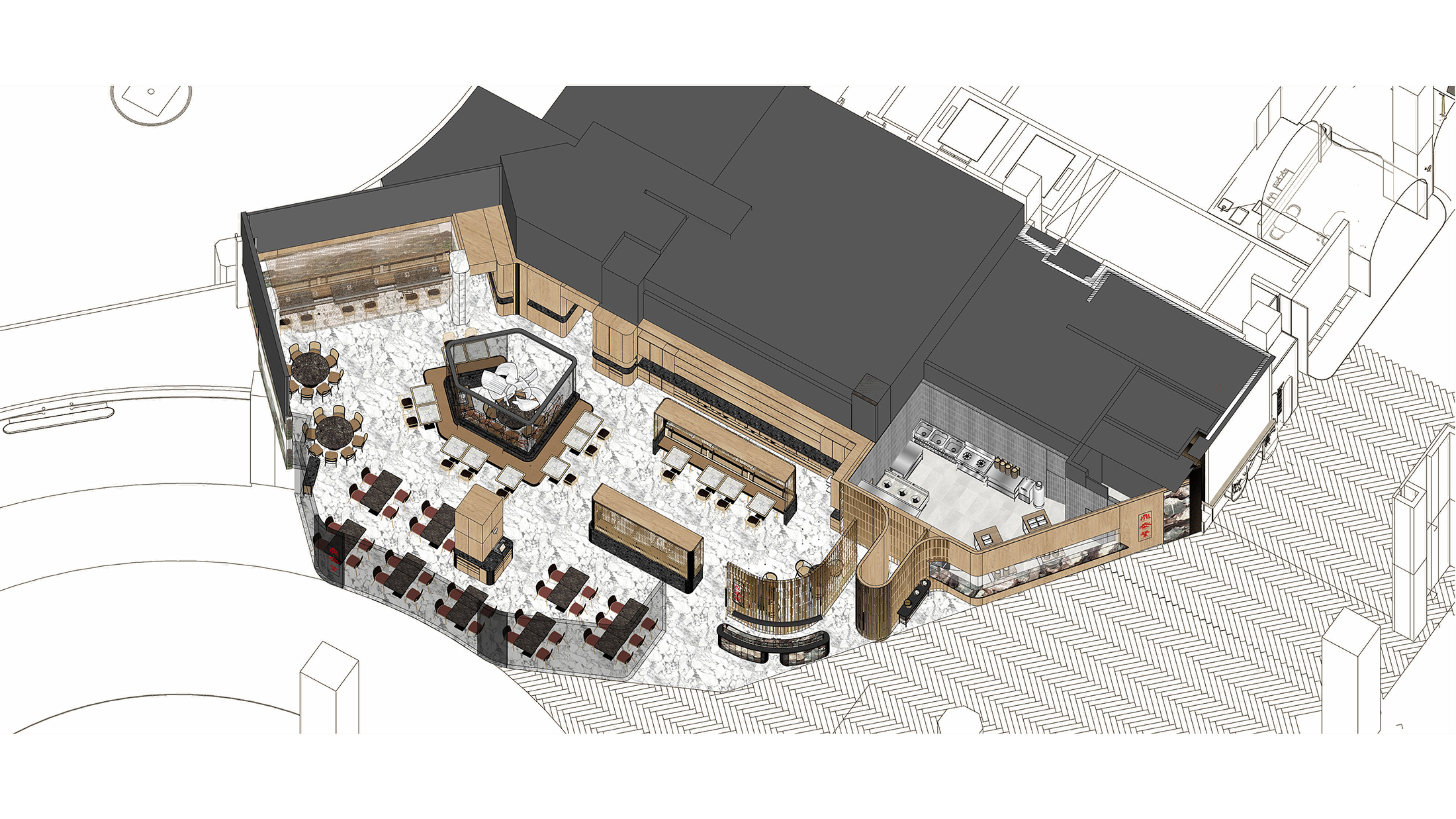 Axonometric design drawing of Din Tai Fung Studio City Macau showing three-dimensional spatial layout and interior arrangement