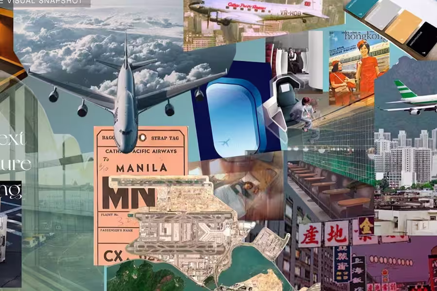Collage featuring airplanes, a Cathay Pacific Airways Manila luggage tag, an aerial map, a city skyline, an airplane window with a view, and vintage travel posters.