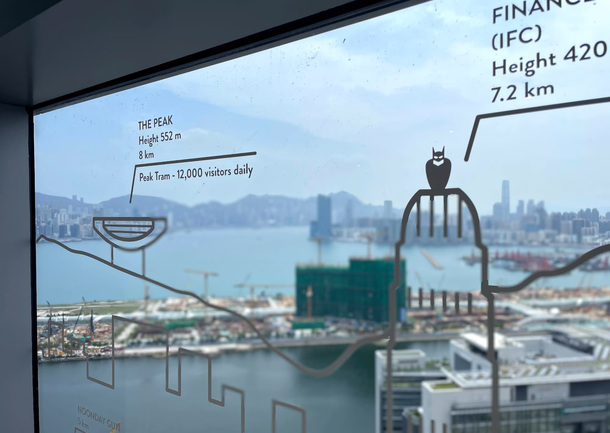 View through a window with a diagram marking landmarks including The Peak with height 552m and 12,000 daily visitors, and the IFC Finance Center at 420m height.