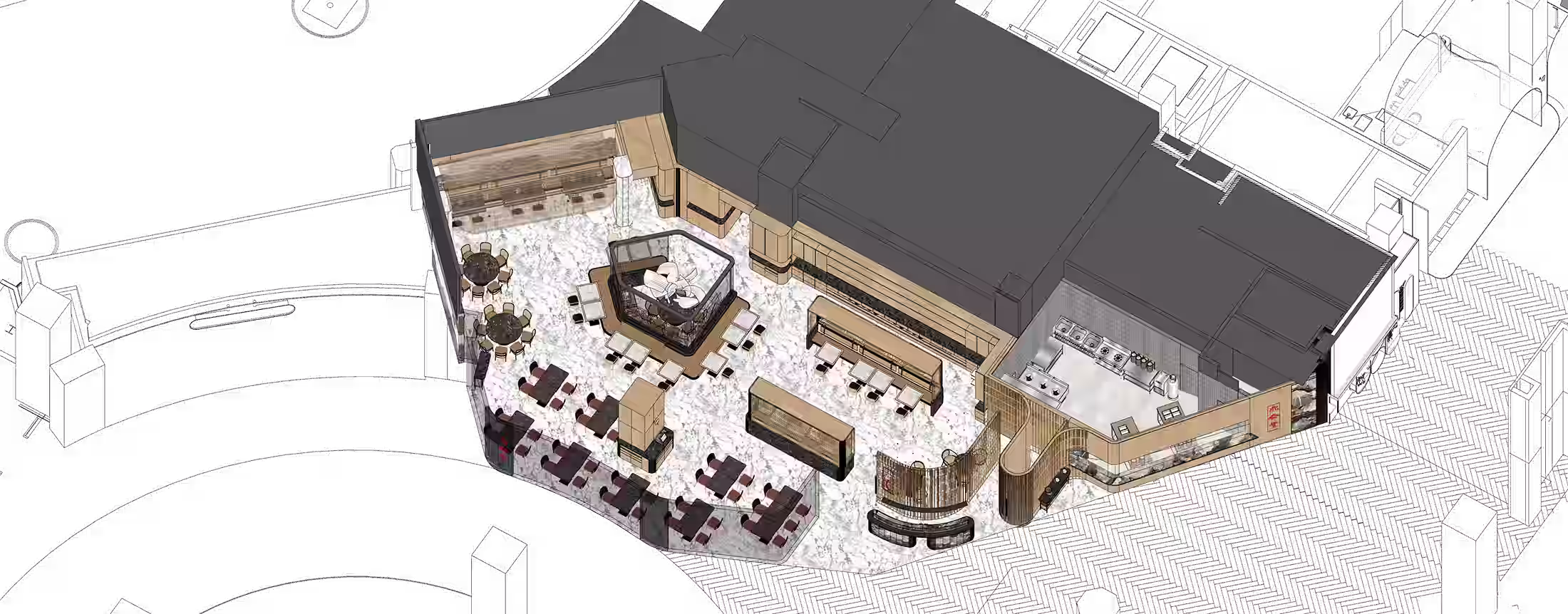 Axonometric line drawing of the Din Tai Fung restaurant layout showing the full floor plan from above.