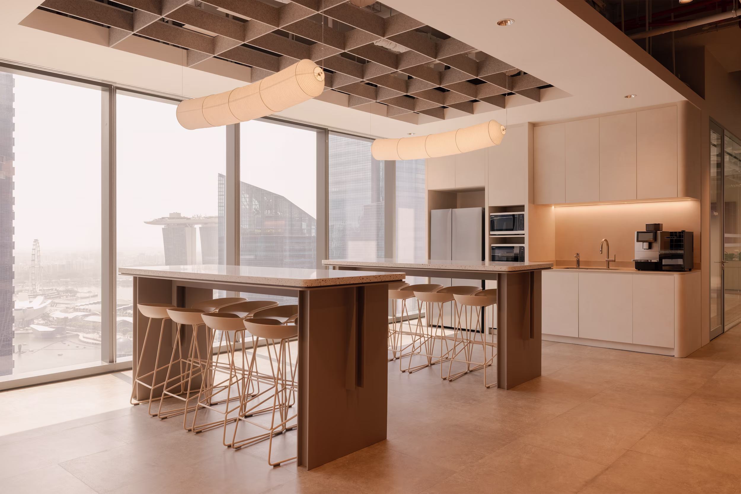 Pandora Asia HQ pantry and collaboration hub overlooking Marina Bay
