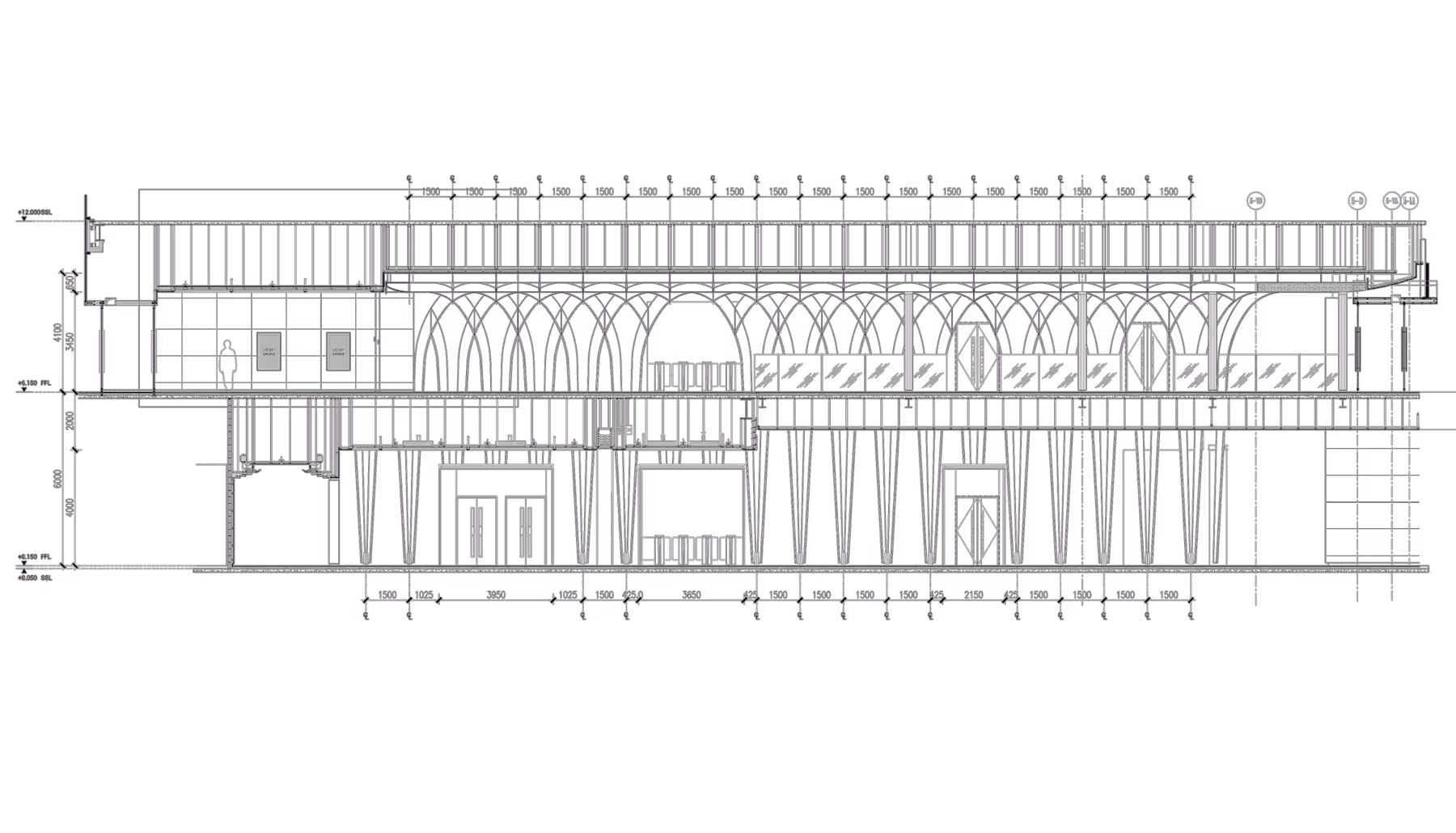 Design drawing of the K11 ATELIER Ningbo main lobby showing the arching rib structure and reception.