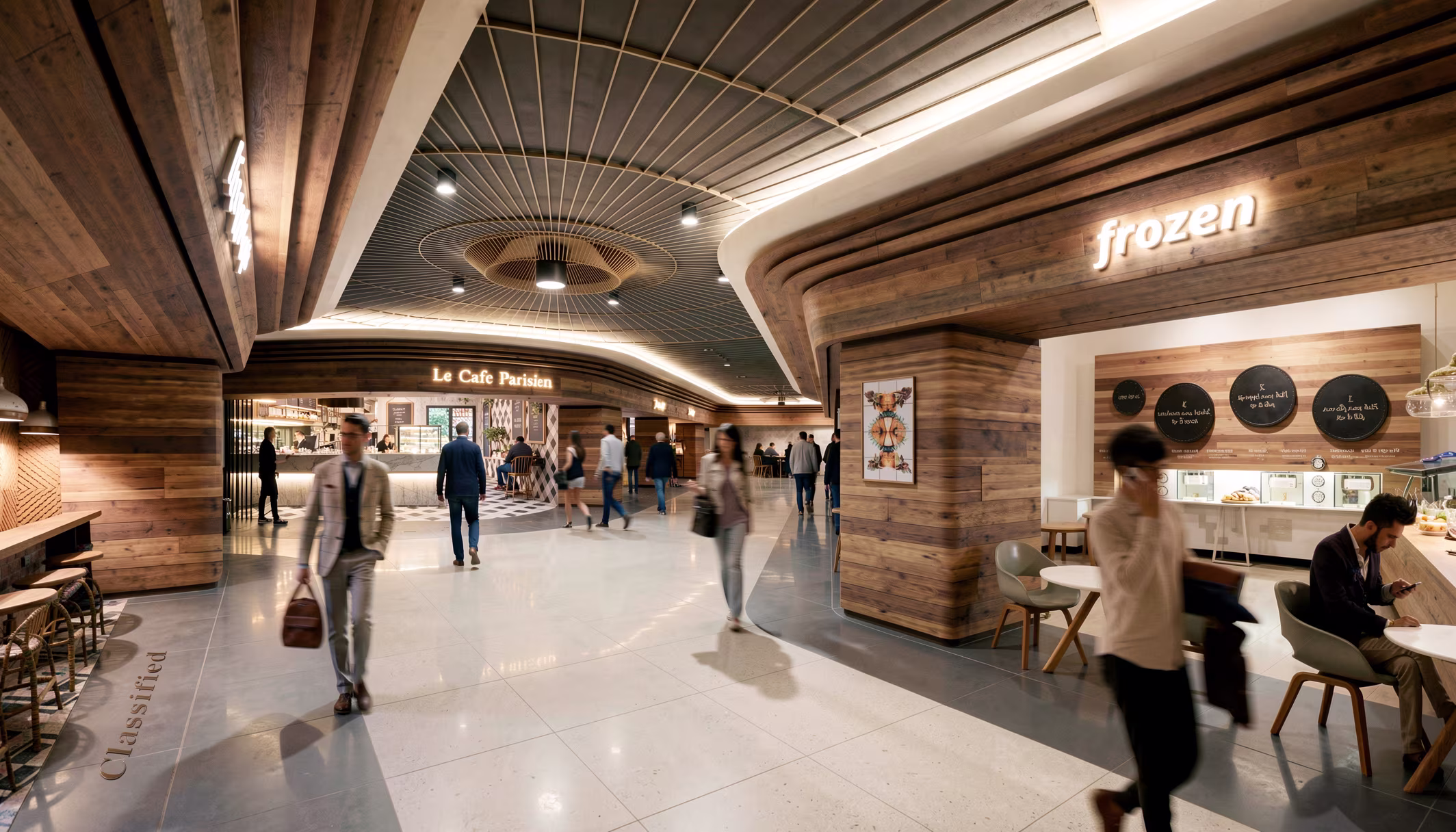 Podium retail concourse with timber-clad tenancies, a curved slatted ceiling and cafe seating