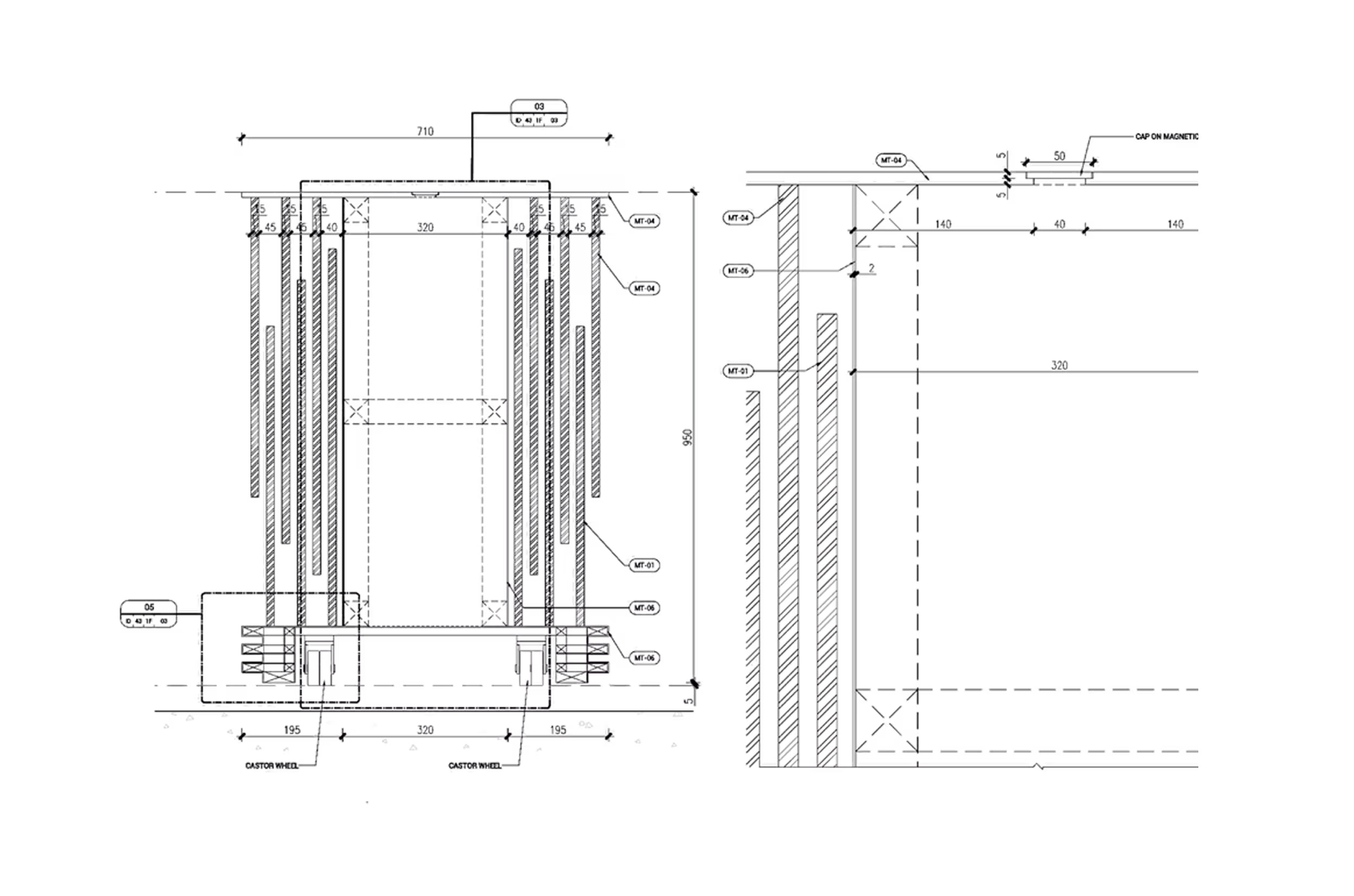 Technical cross-section drawing of a display column and wall junction for the China Mobile flagship store fit-out.