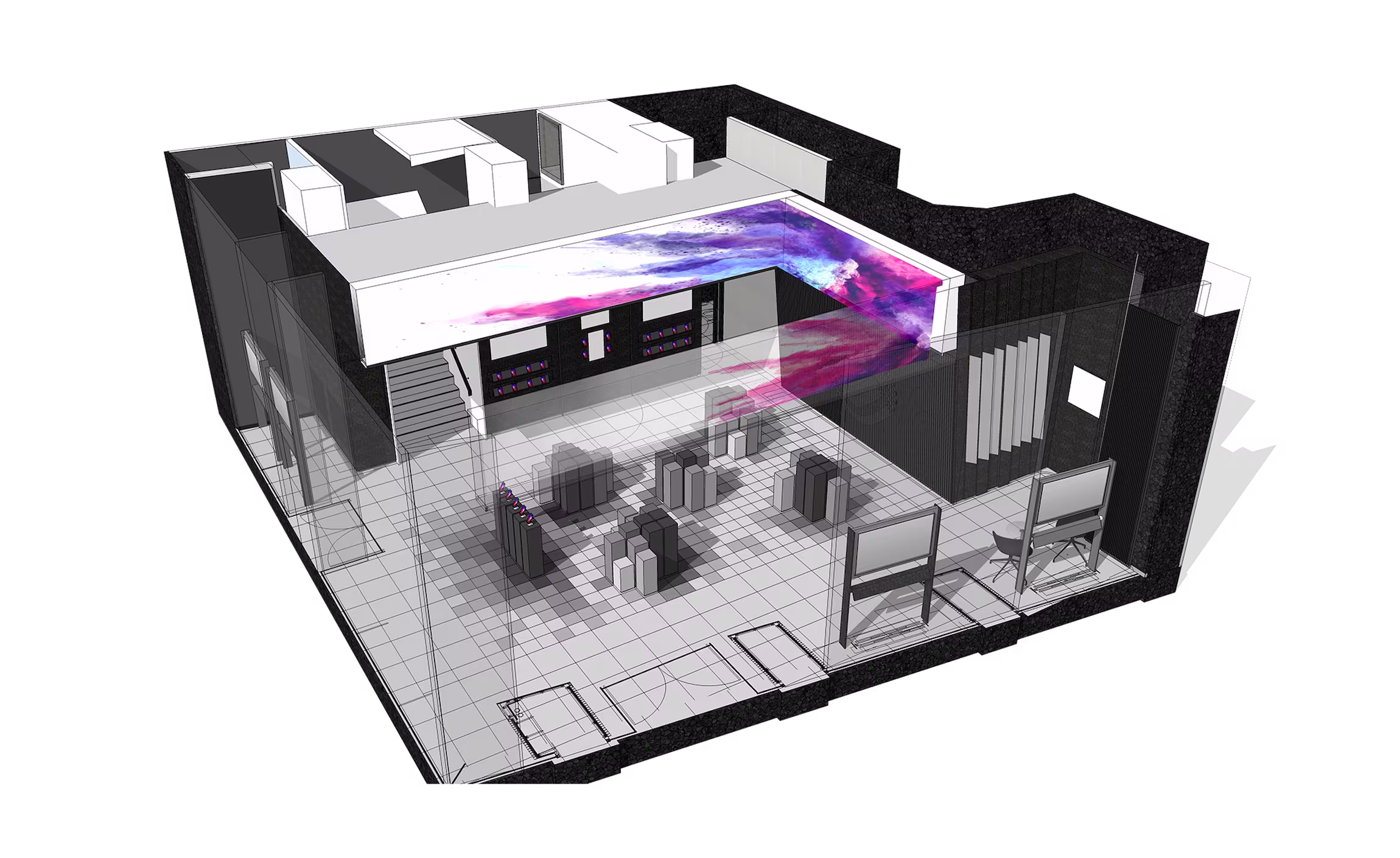 Isometric concept render of the China Mobile flagship store showing a colourful digital wave display integrated into the ceiling above the product tables.
