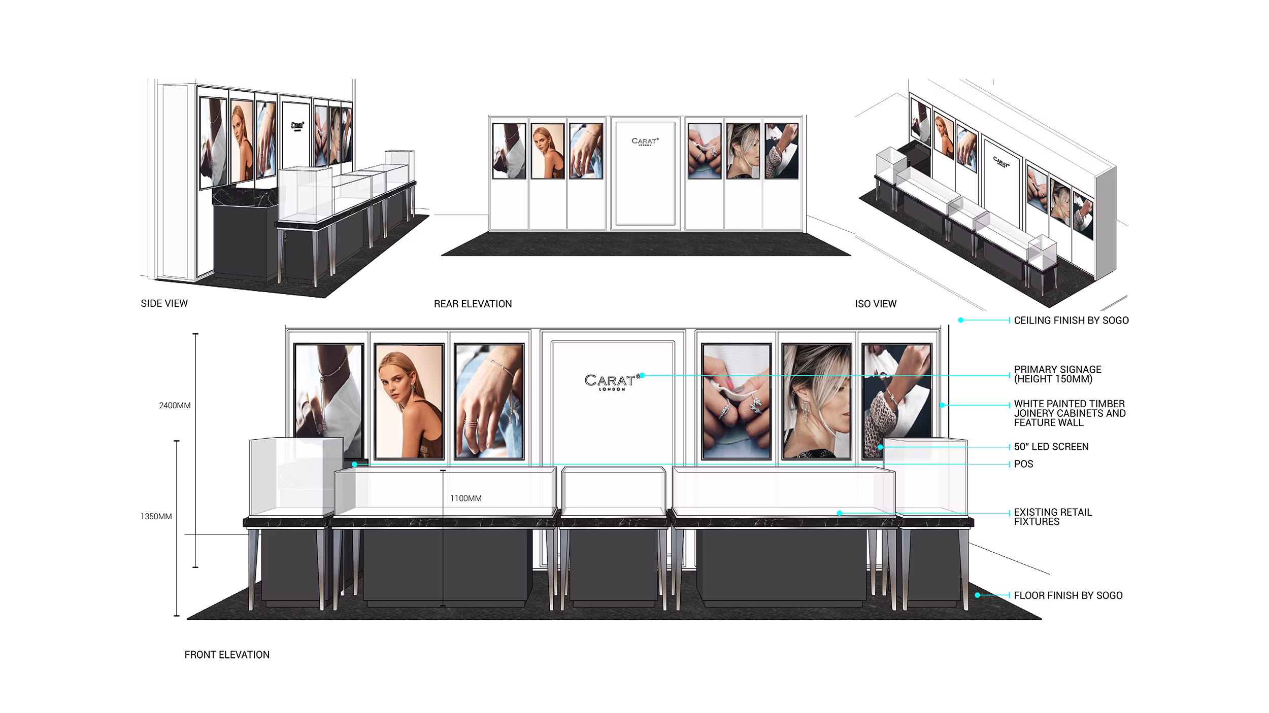Elevation drawings of the Carat London jewellery concession counter for Sogo Hong Kong, showing branding panels and display cases.