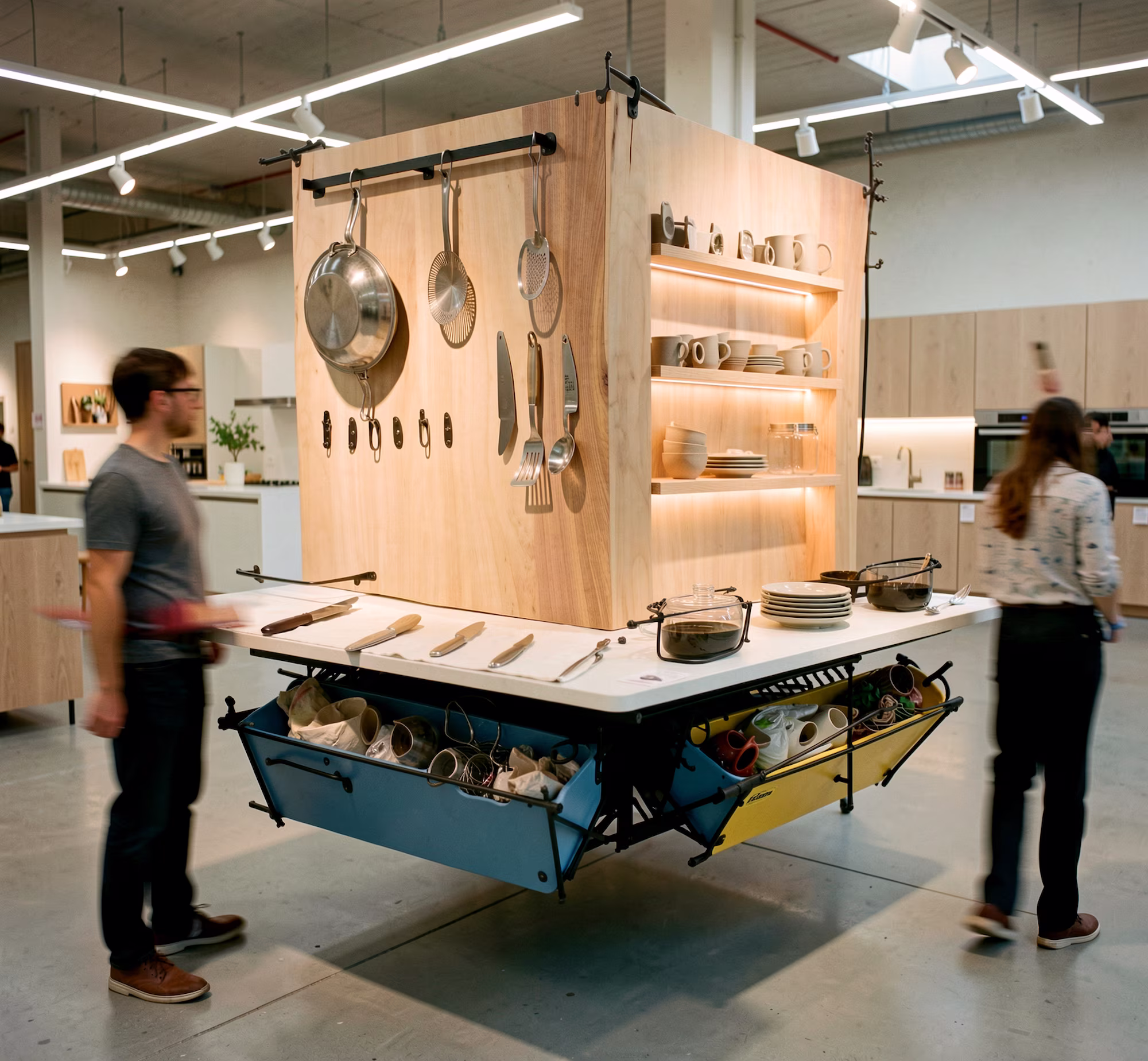 Concept render of an IKEA store display with hanging kitchen utensils above a wood display table and shoppers browsing.