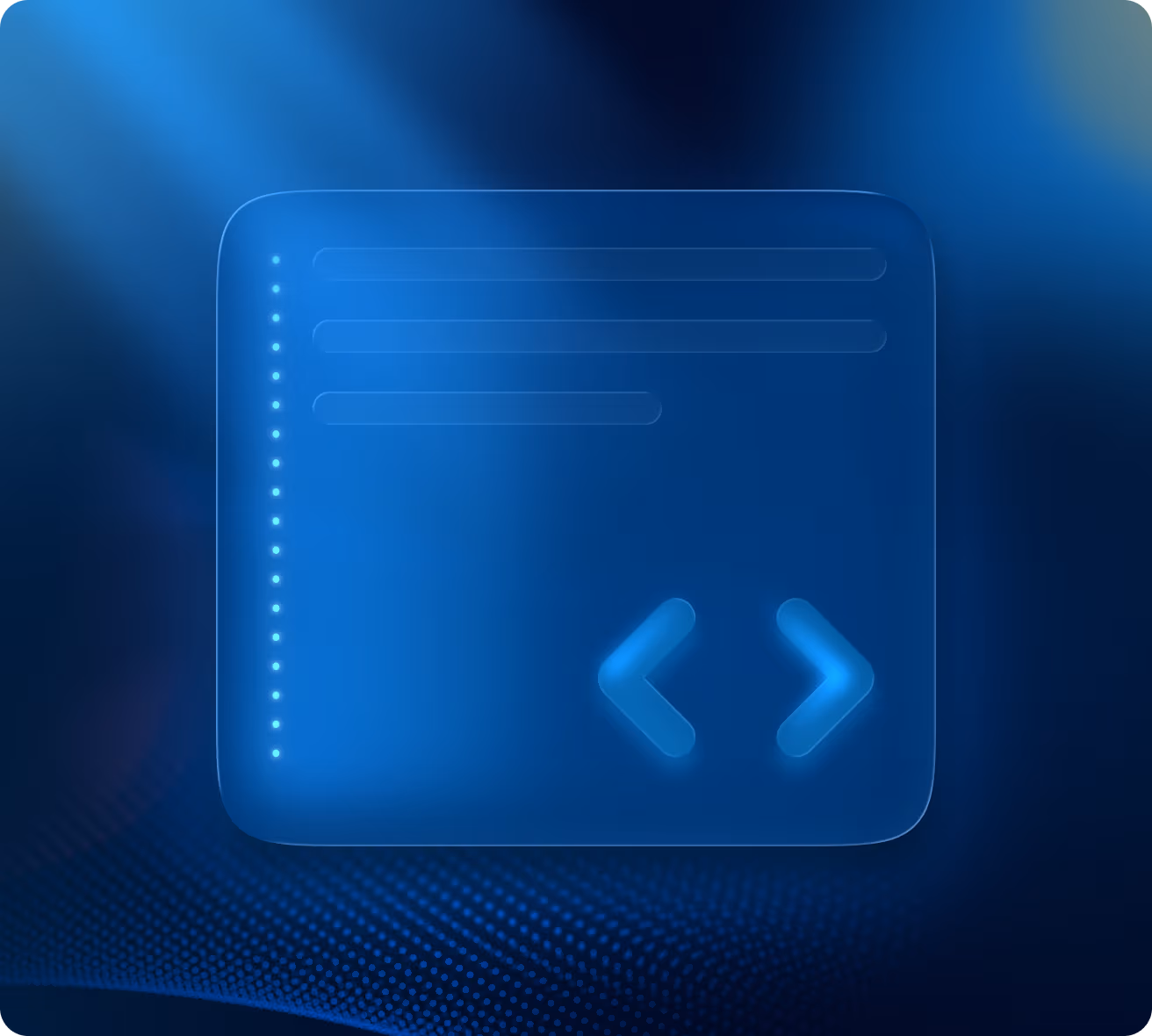 Blue glowing abstract interface panel with a list on the left and chevron arrows on the right.
